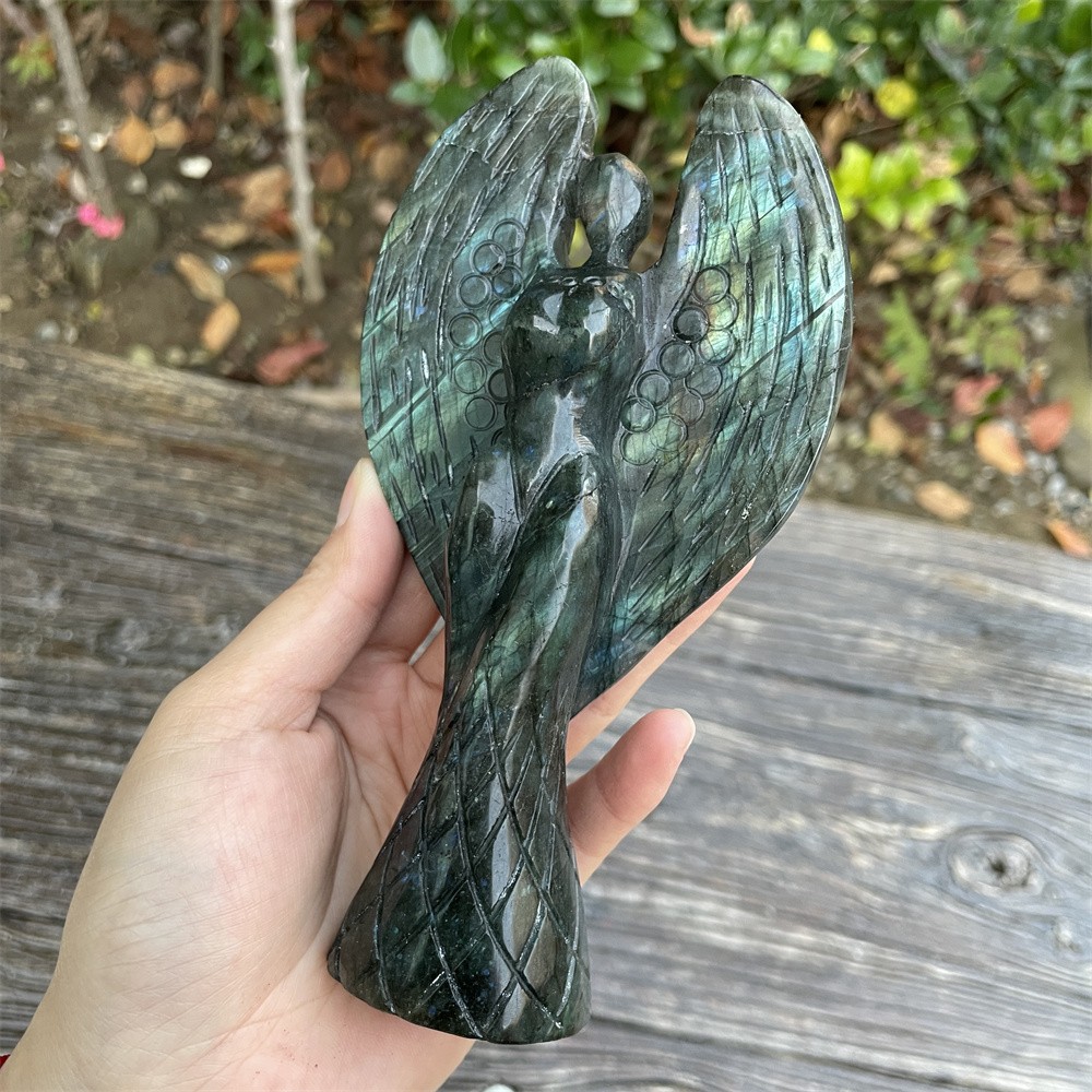 0.7LB 5.9″Natural Labradorite Angel Statue Crystal Heal Carving Energy Decor