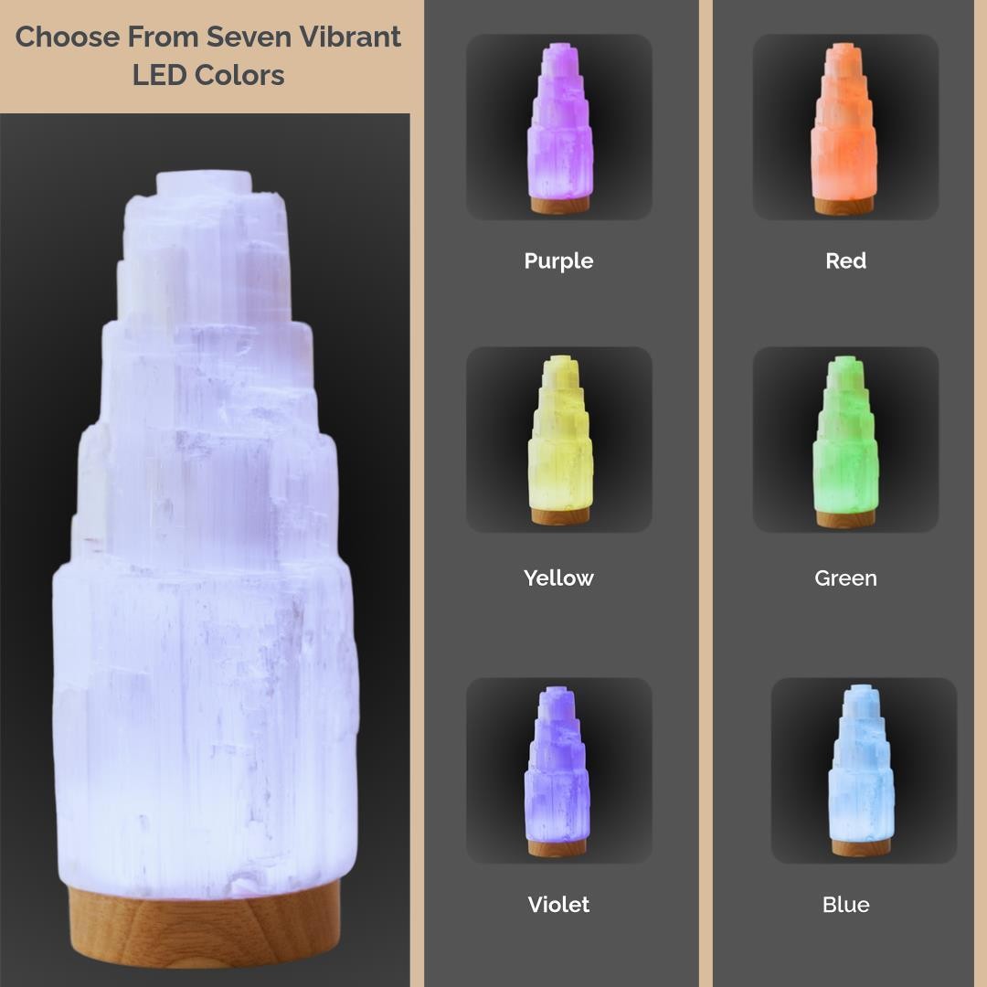 7 Colors Selenite Crystal Lamp Tower with Wooden LED Base, Spiritual Gift