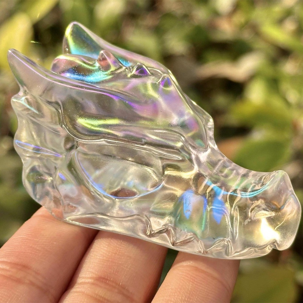 Rainbow Titanium White Melting Dragon Skull Crystal Carving Healing Decor Gift