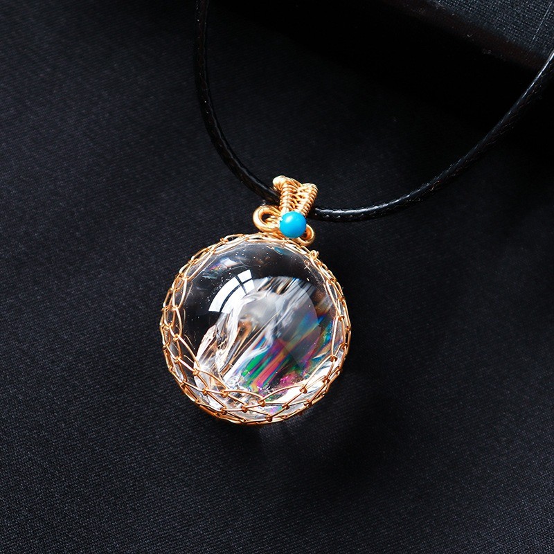 White Crystal Ball Pendant Rainbow Inlaid Raw Polished Gem Necklace Gift