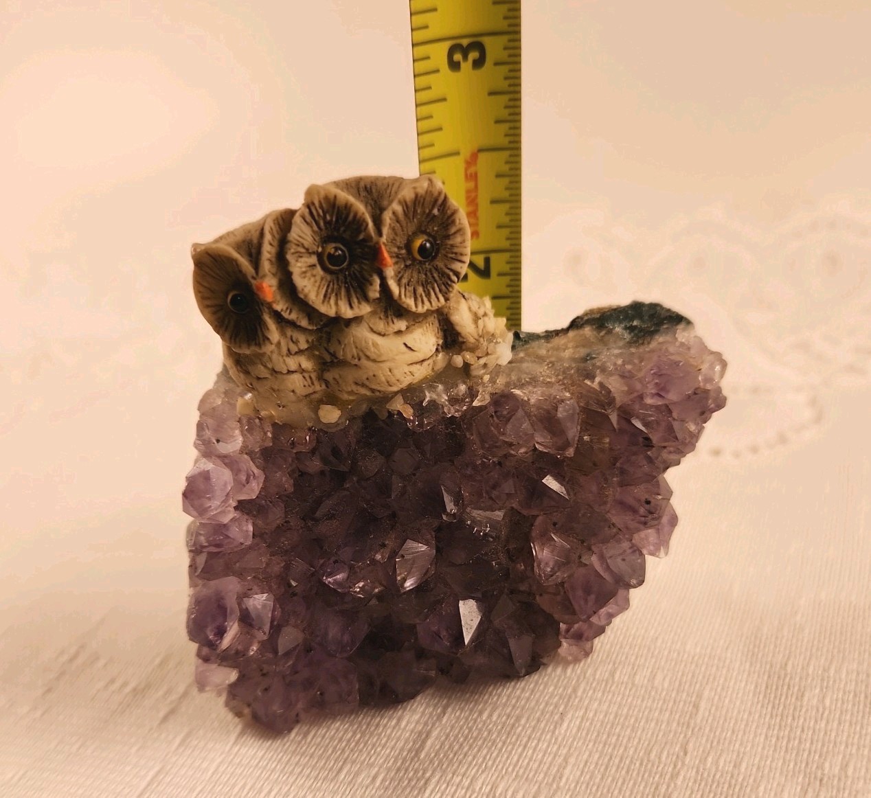geode amethyst geode quartz cluster crystal with two resin owls perched 2.75in T