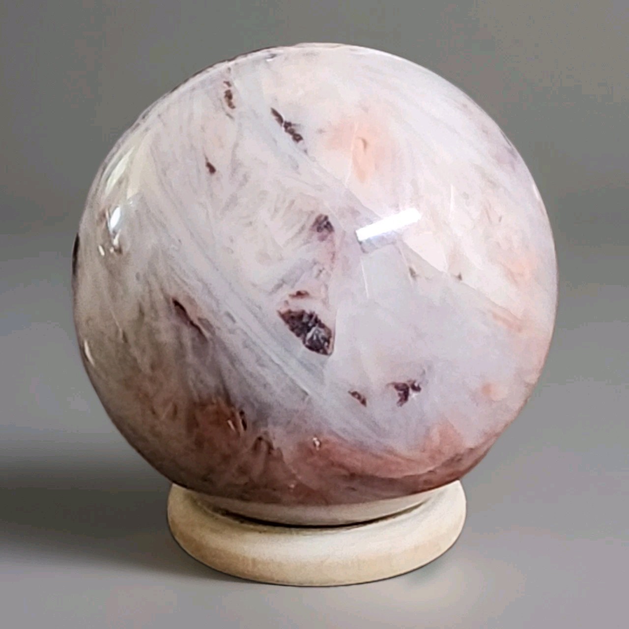 Natural Polished Pink Banded Plume Agate Sphere 2.43″ – 338g – USA