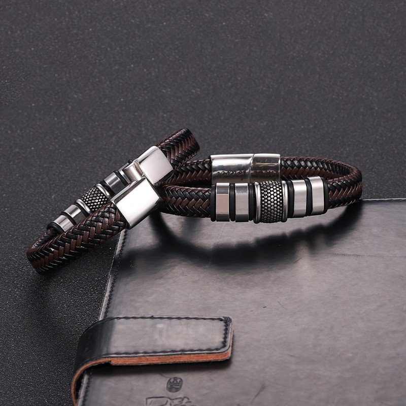 Men’s Retro Leather Braided Bracelet Bangle Titanium Steel Magnetic Clasp Gift