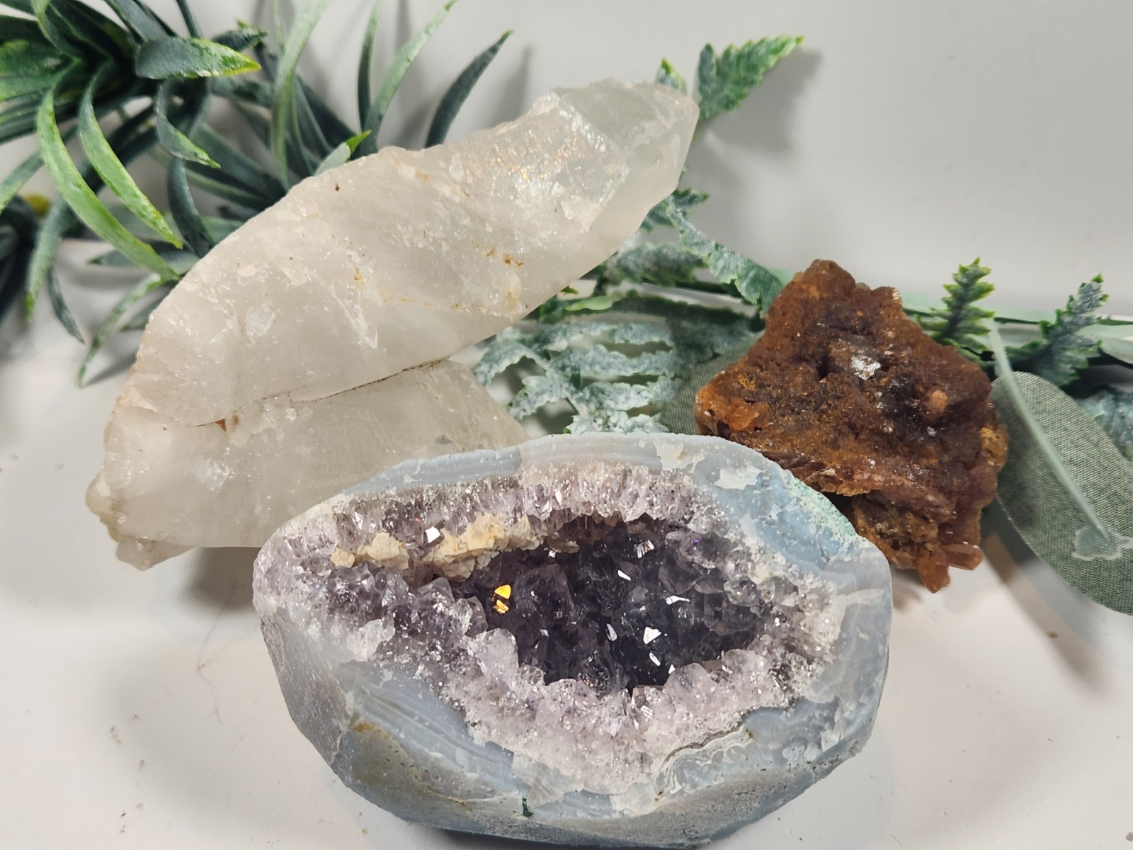 13.8oz Crystal Set, Unique Etched Arkansas Quartz , Amethyst Geode, Citrine Lot