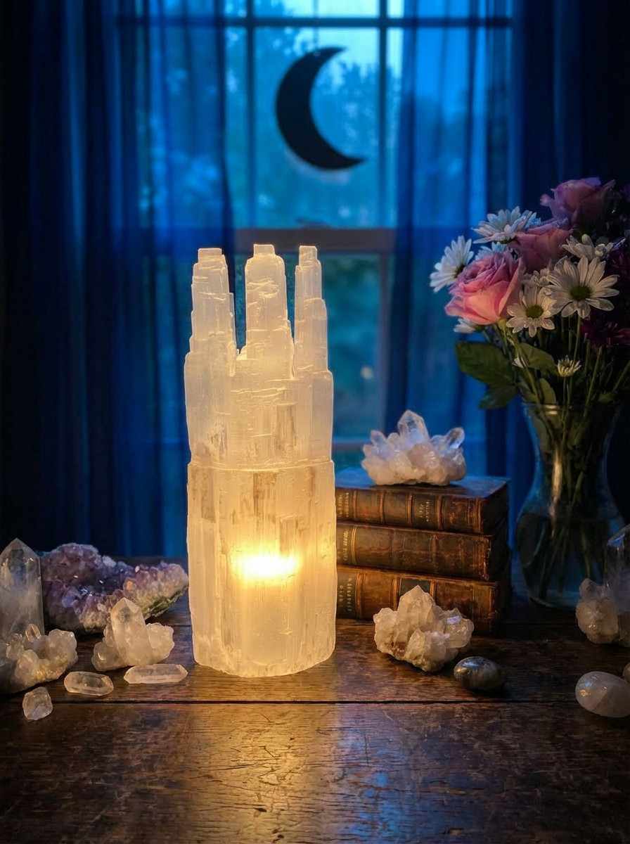 XX-LARGE SELENITE CRYSTAL TRIPLE TOWER LAMP – STANDING DISPLAY HEALING CRYSTAL