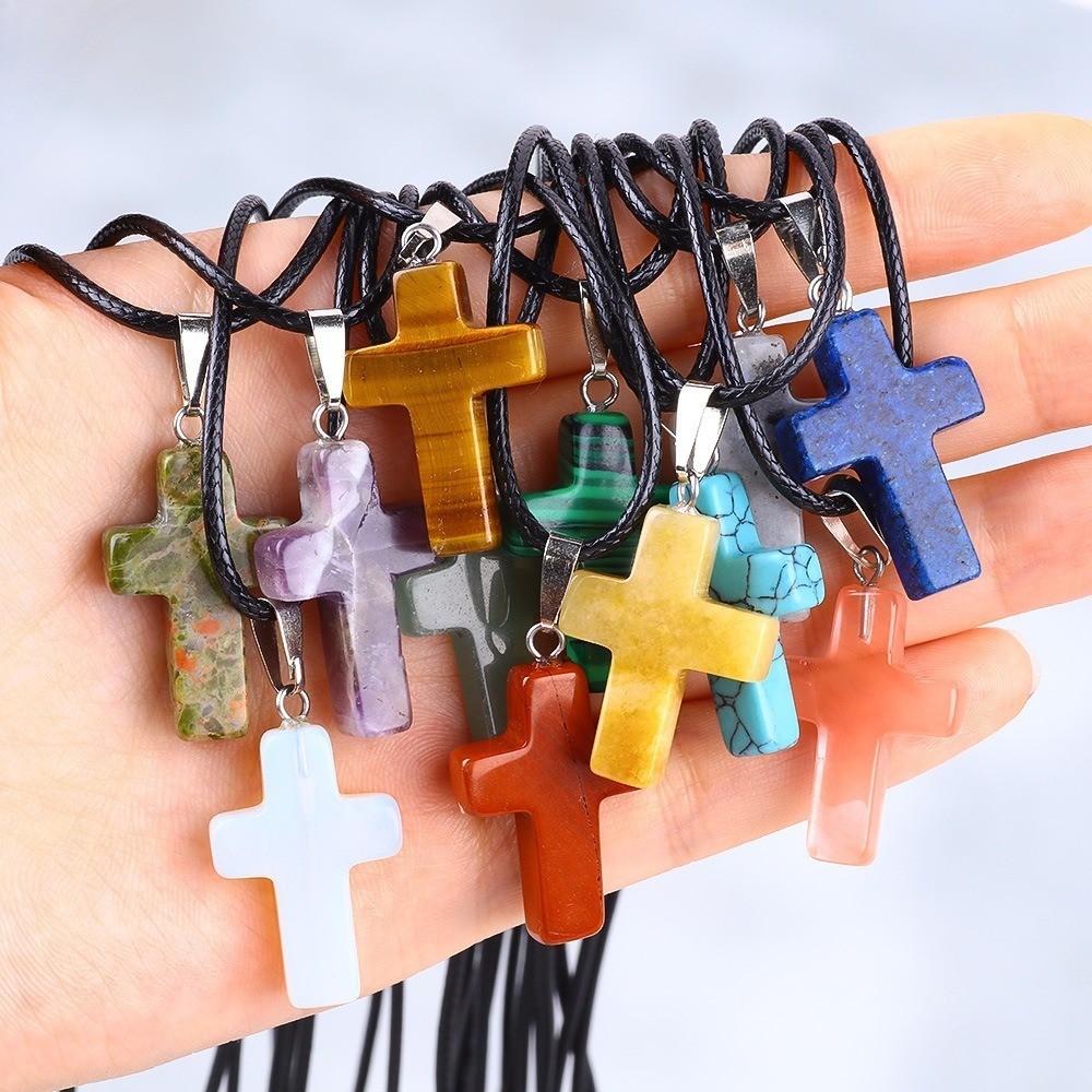Fashion Crystal Cross Pendant Necklace Mixed Charms on Leather Rope Jewelry
