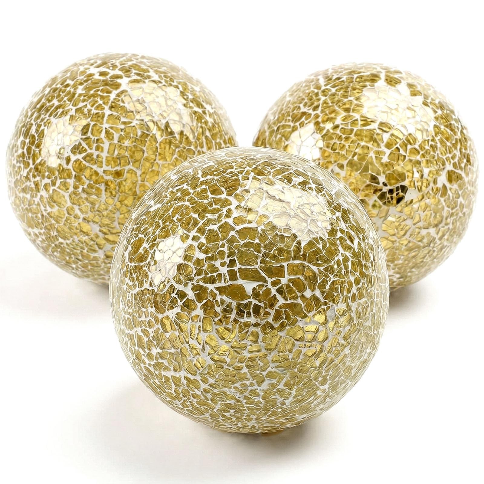 DomeStar 3PCS Decorative Balls, Mosaic Glass Orbs Centerpiece Medium, Gold