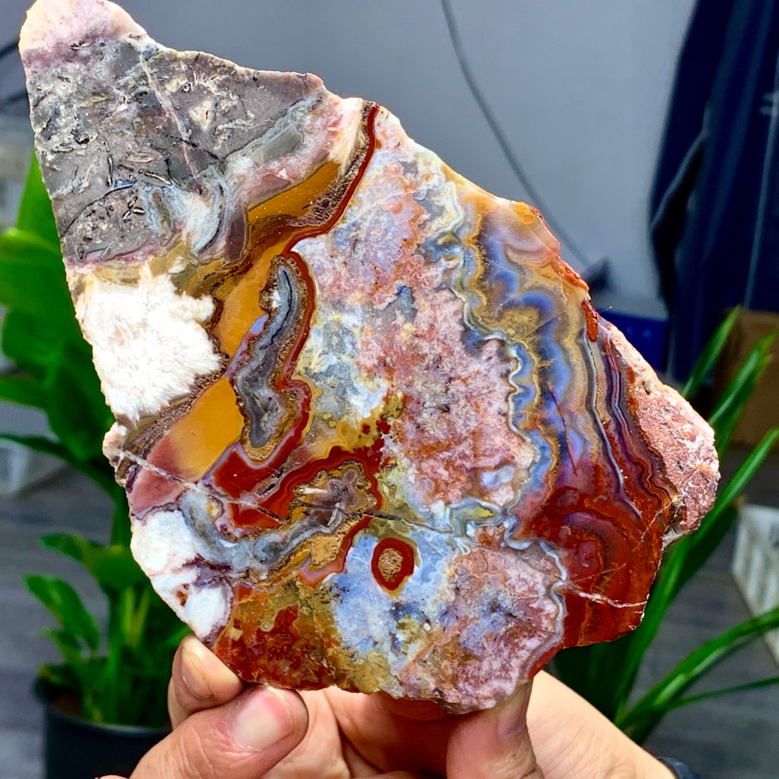 449G Natural Red Crazy Ribbon Lace Agate Crystal Polishing Sheet Mexico Repair
