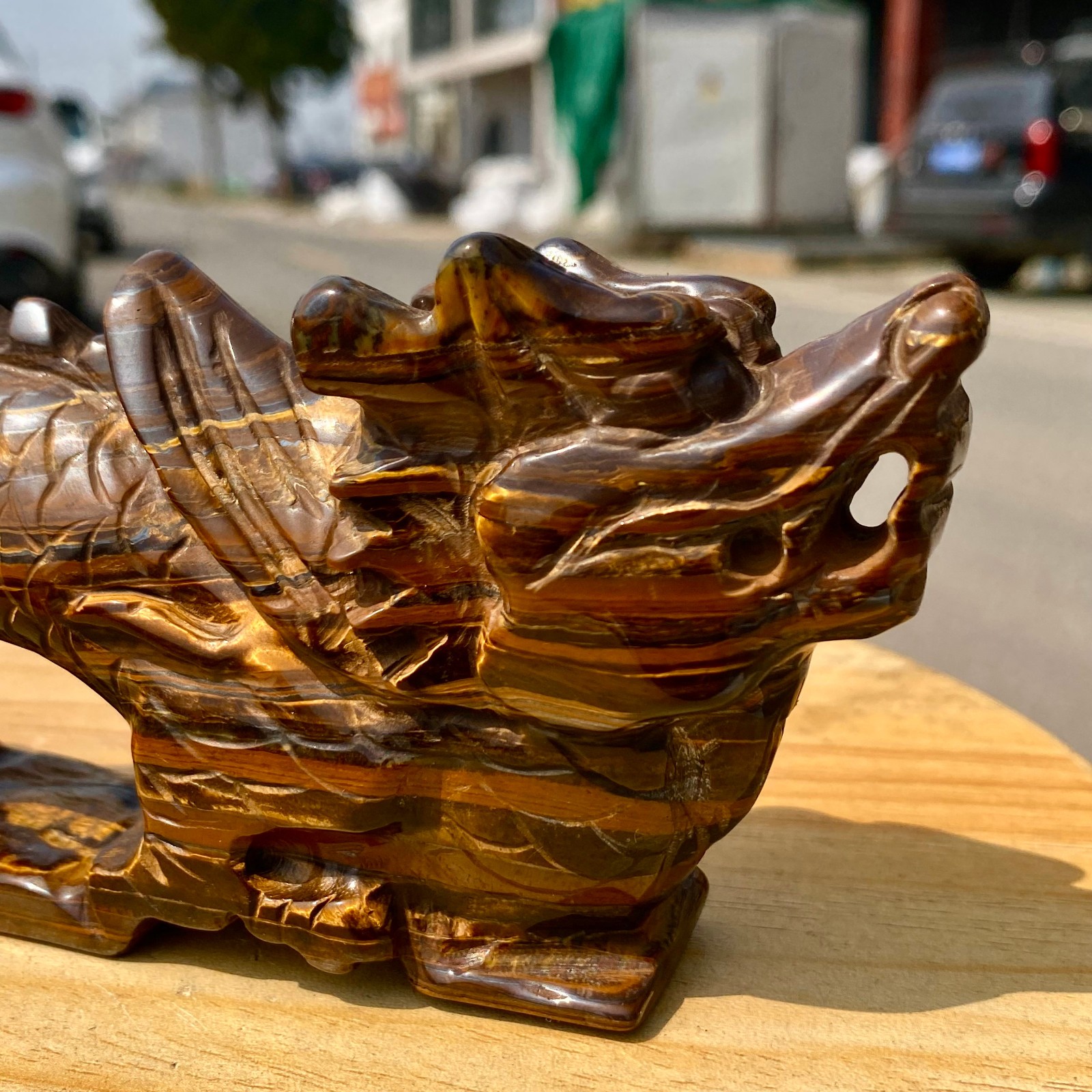 495G Natural Tiger Eye Hand Carved Dragon Figurine Crystal Healing Stone