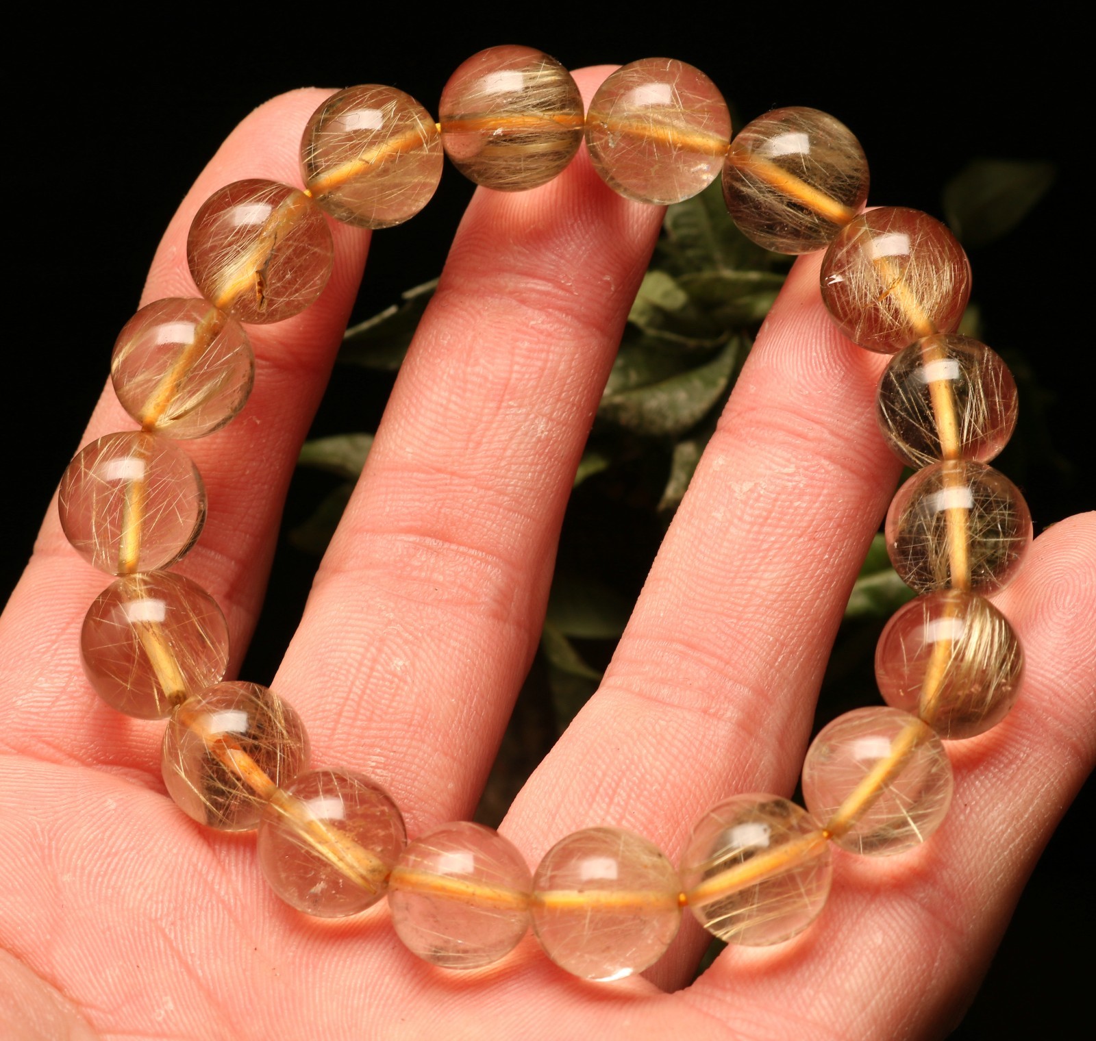48.7g Rare Natural Clear Gold Rutilated Quartz Crystal 13mm Round Bead Hand cate
