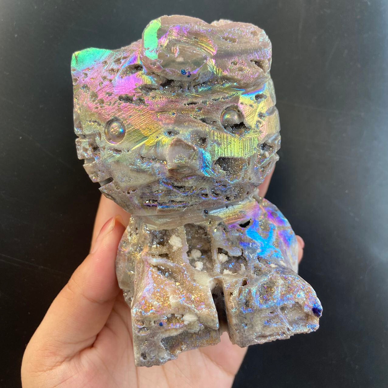 480g Titanium Angel Aura Sphalerite Stone Hello Kitty Carving Crystal Specimen