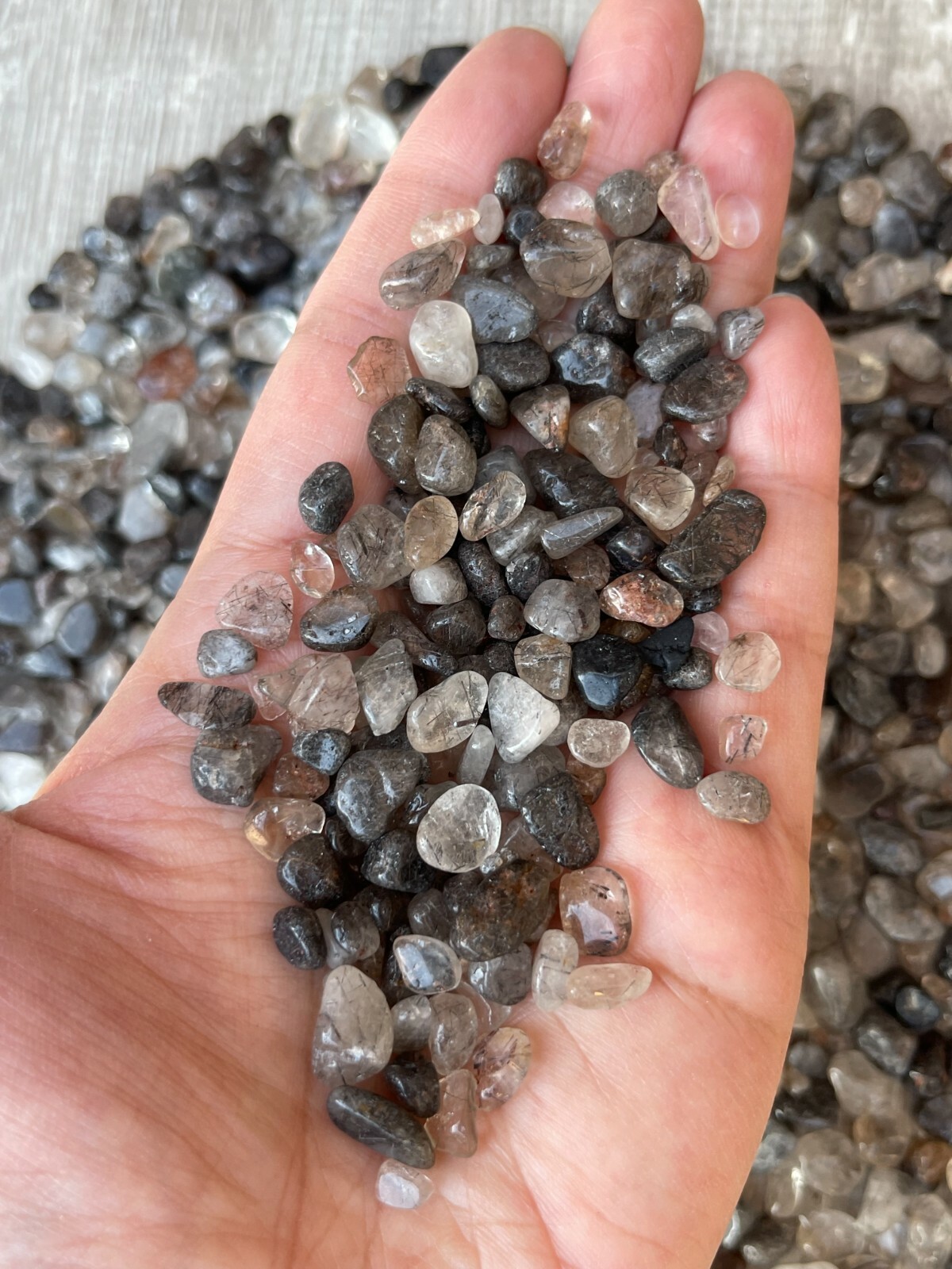 Black Rutilated Quartz Semi Tumbled Gemstone Chips 5-12mm, Wholesale Bulk Lot