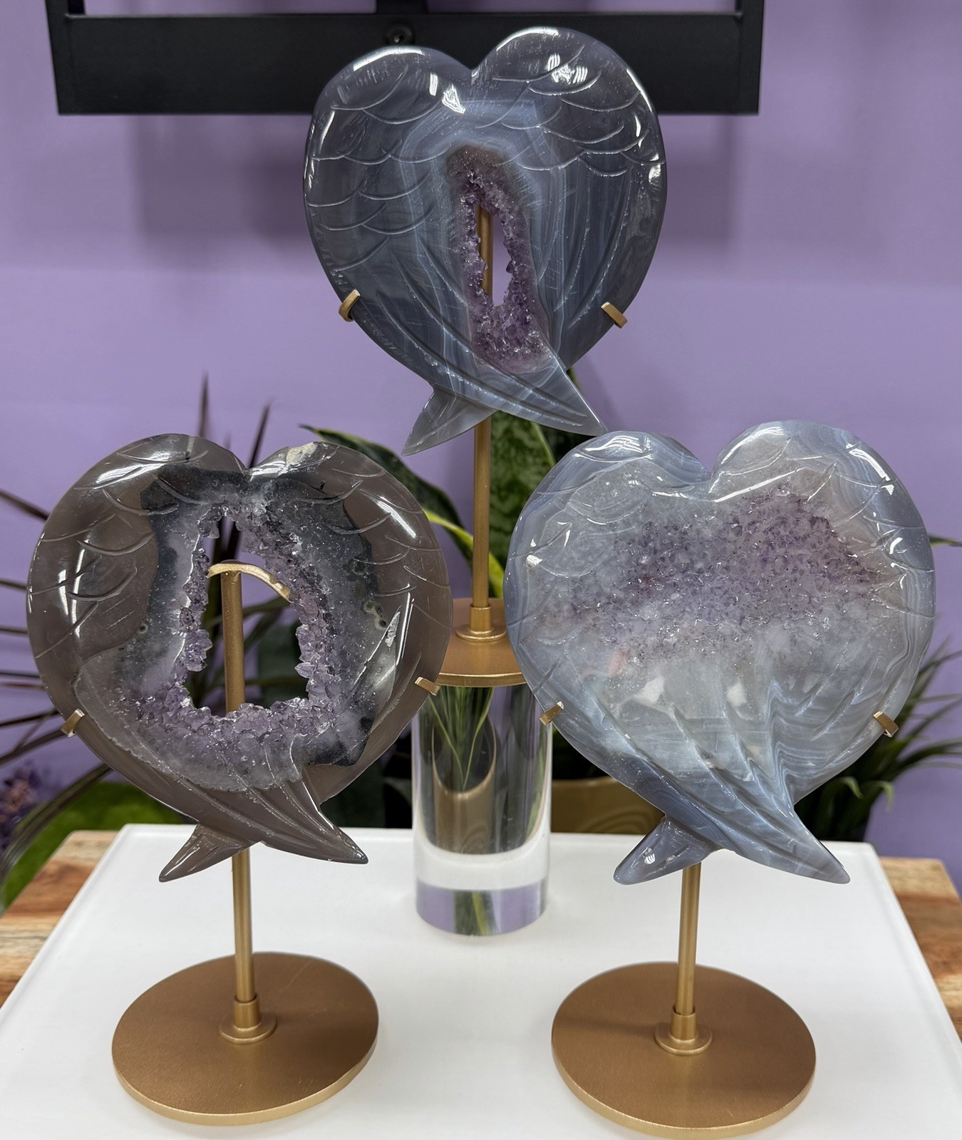 Wholesale Lot 3 Pcs Amethyst Agate Wing Heart Natural Crystal With stand Healing