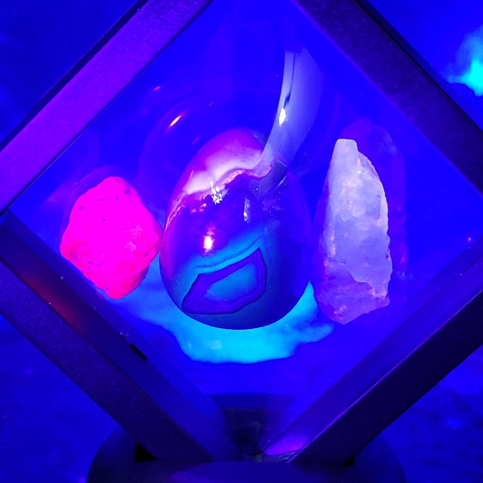3 UV Glow Reactive Minerals: Ruby, Volcano Agate, Fluorite in Floating Display