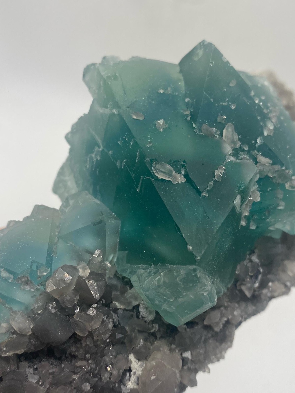 Teal Fluorite Octahedron Cluster on Smoky Quartz
