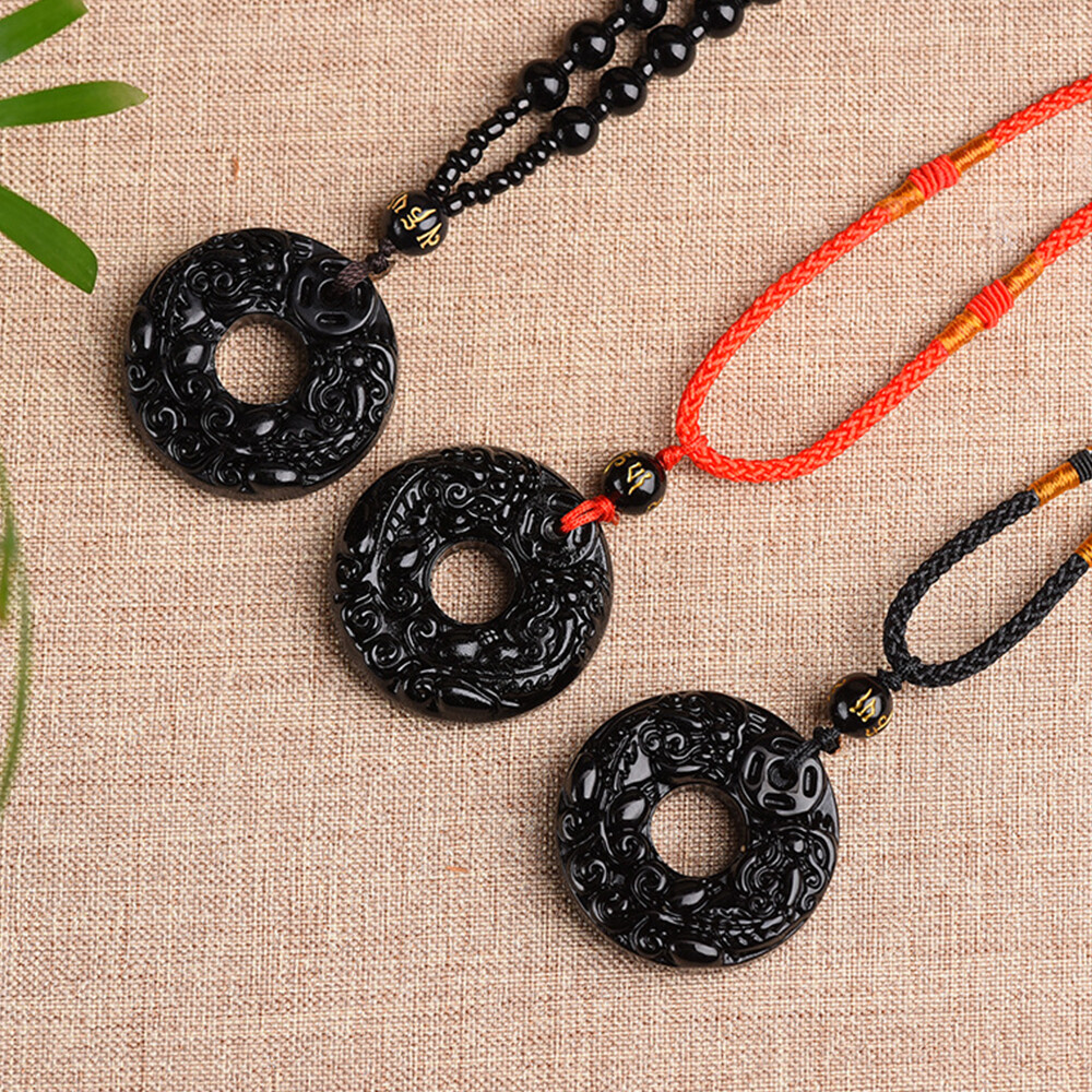 Natural Obsidian Double PiXiu Pendant Women Men Lucky Necklace Amulet Jewelry