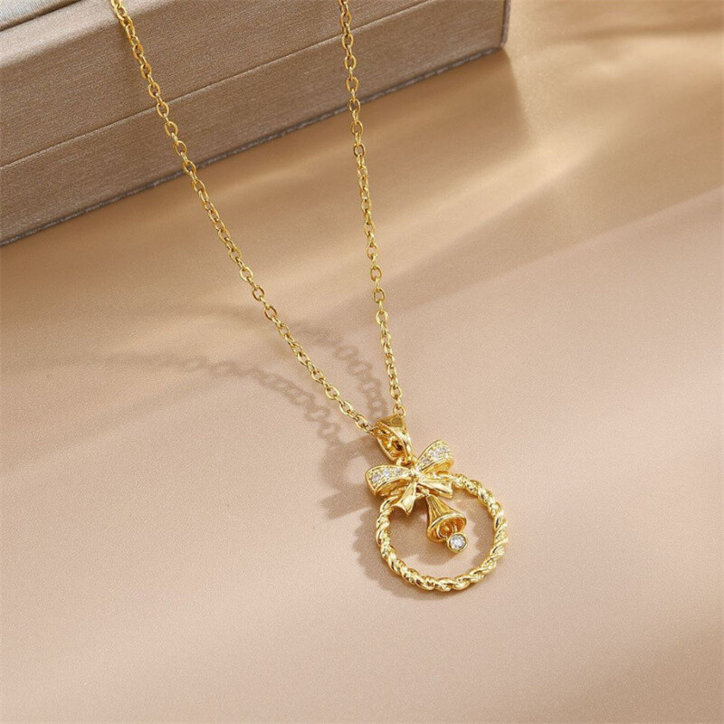 Women’s Fashion Jewelry Cubic Zircon Gold Bow tie bell Pendant Necklace Gift 1PC