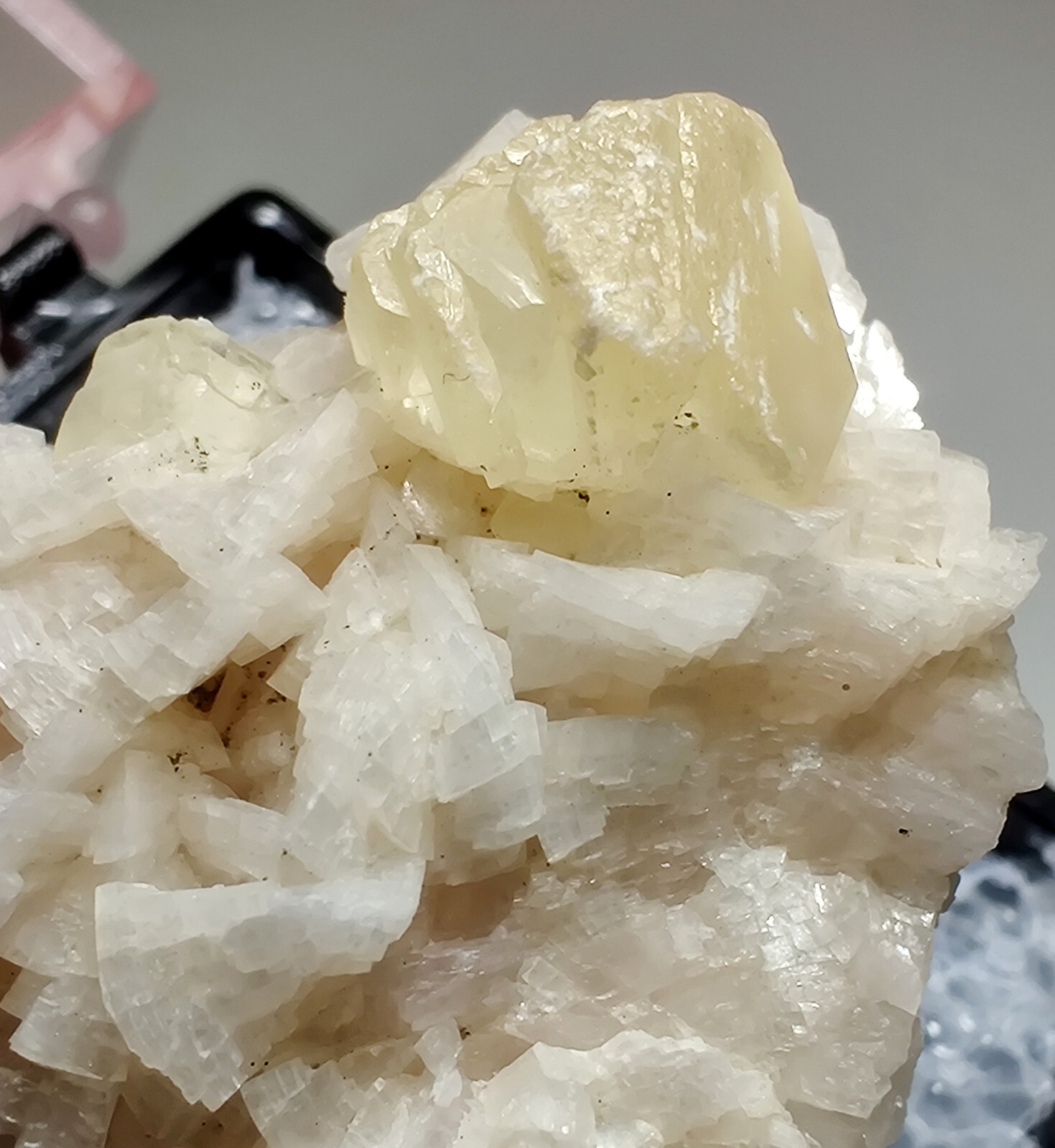 Calcite crystal atop Dolomite. Corydon Quarry, Indiana. 3 cm.