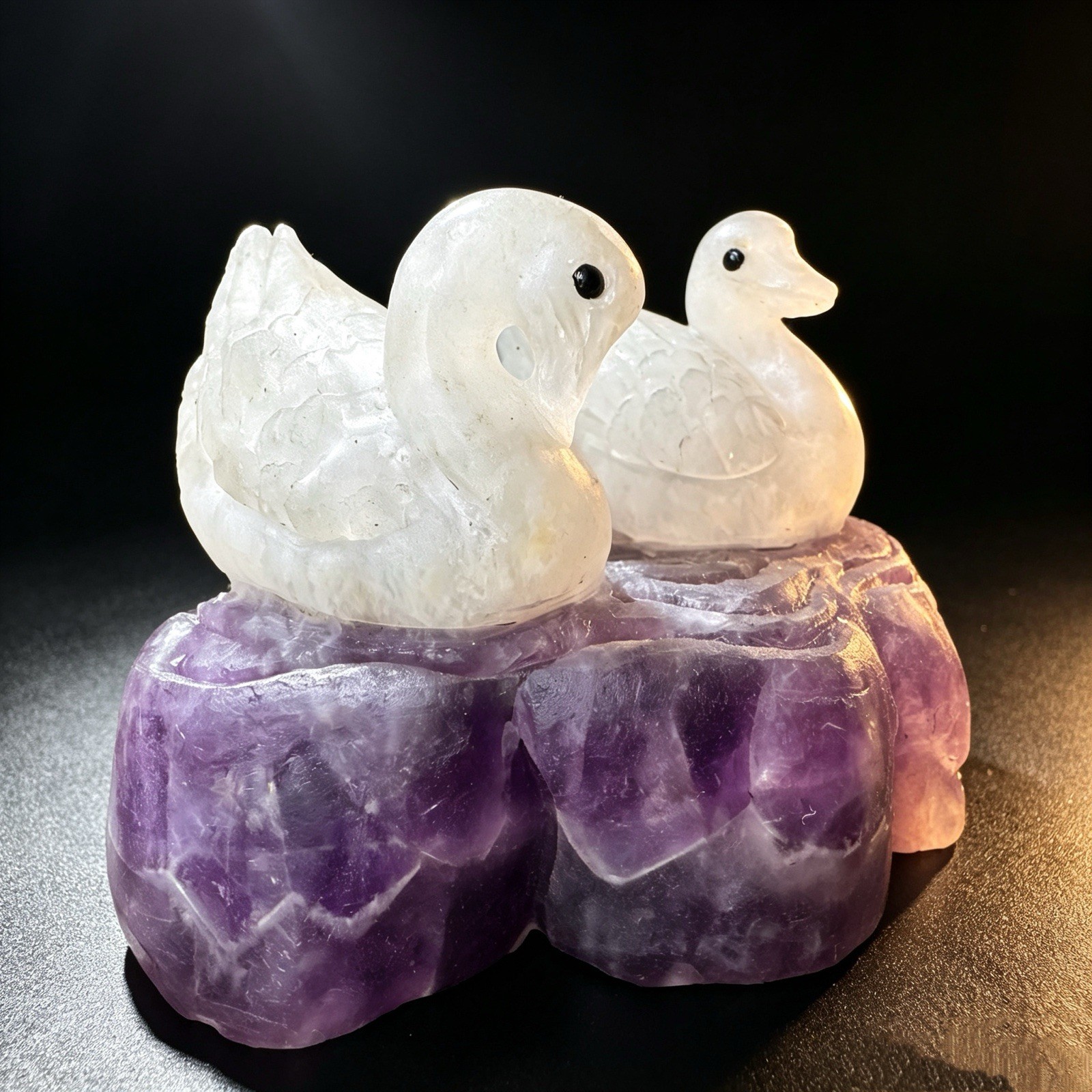 441gTwin Swan Amethyst Sculpture: Soulmate Talisman Carved from Peaceful Stone