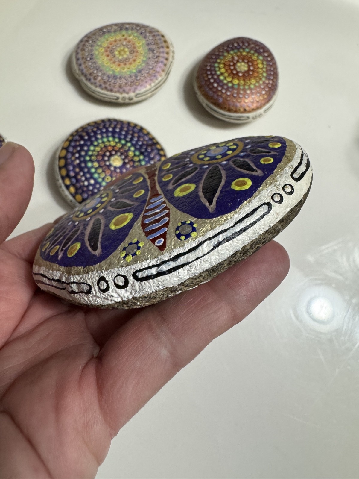 7 Mandala Stones Dot Artwork Rocks Meditation Butterfly Multicolor Hand Painted