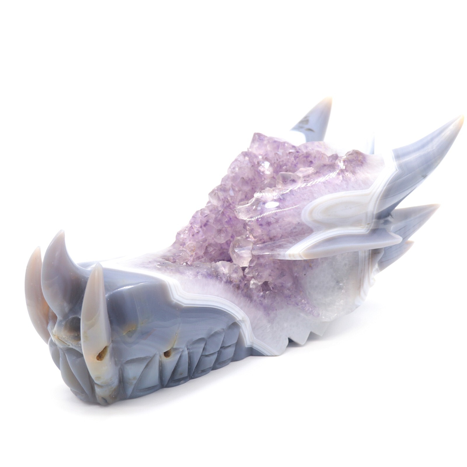 10″ Agate Amethyst Cluster Hand Carved Dreagon Head Sculpture, Crystal Healing