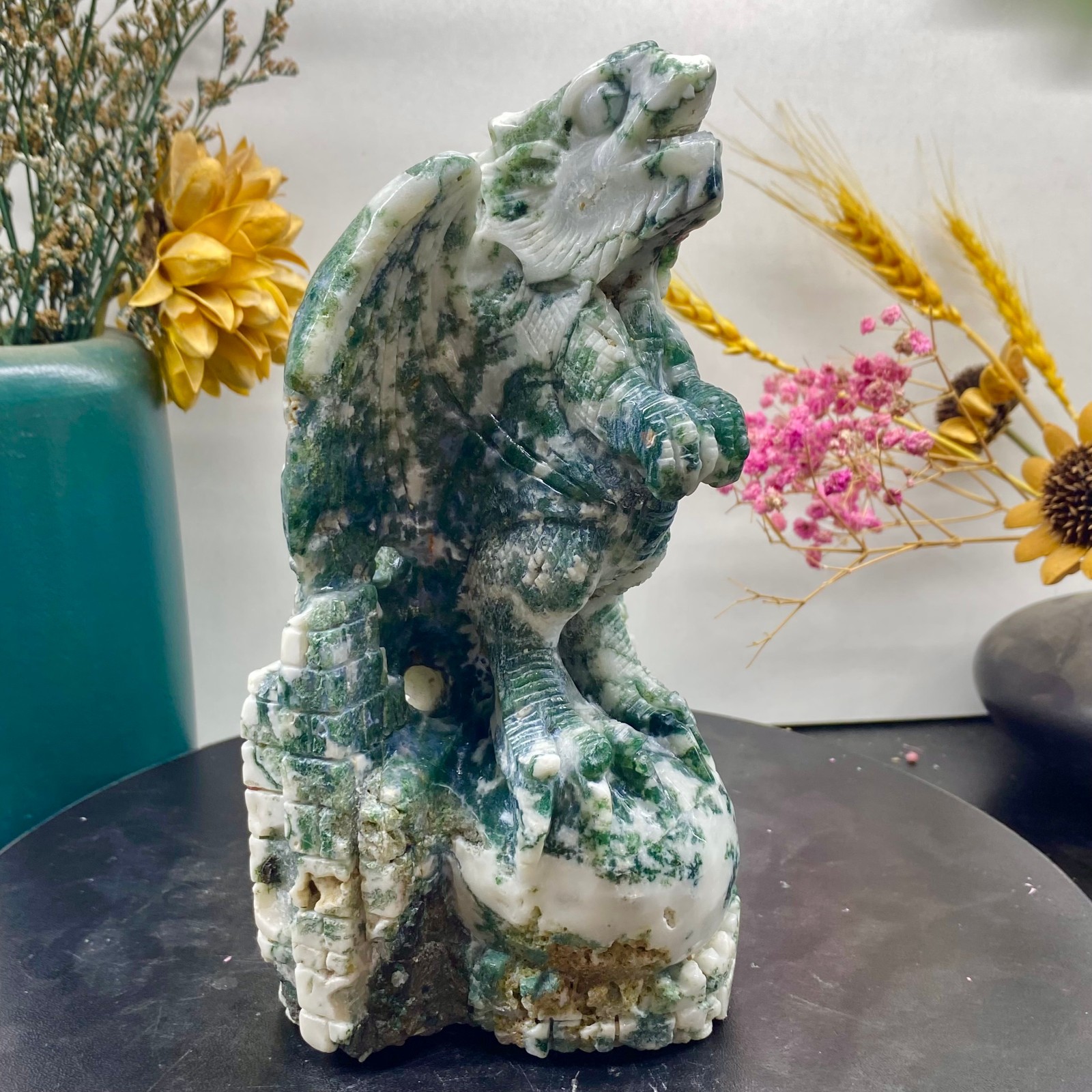 3.08LB Natural ocean jade crystal hand carved dragon healing