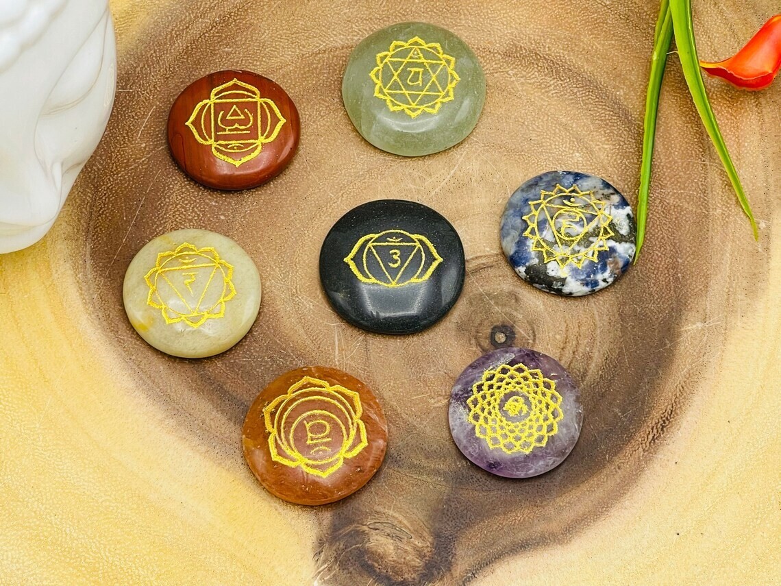 7 Chakra Round Palm Smooth Stone Set, Engraved Chakra Symbol, Crystal Palm Stone
