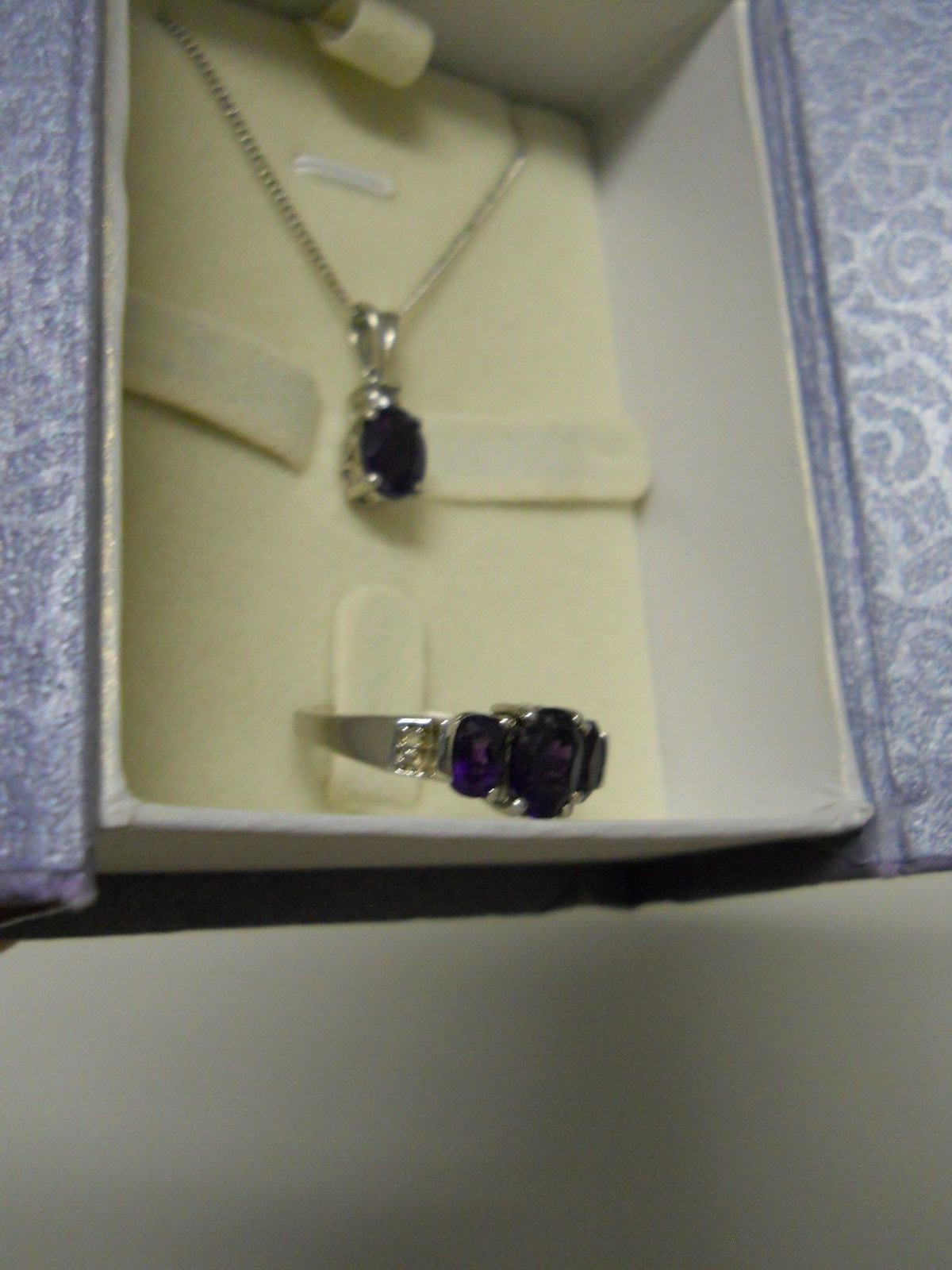 Sterling Silver Purple Amethyst Jewelry Set, 24″ Necklace & Ring Size 7.5 #866