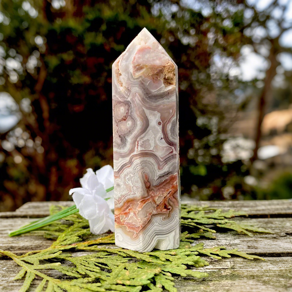 Crazy Lace Agate Crystal Point Tower Natural Stone Home Office Desk Decor Gift