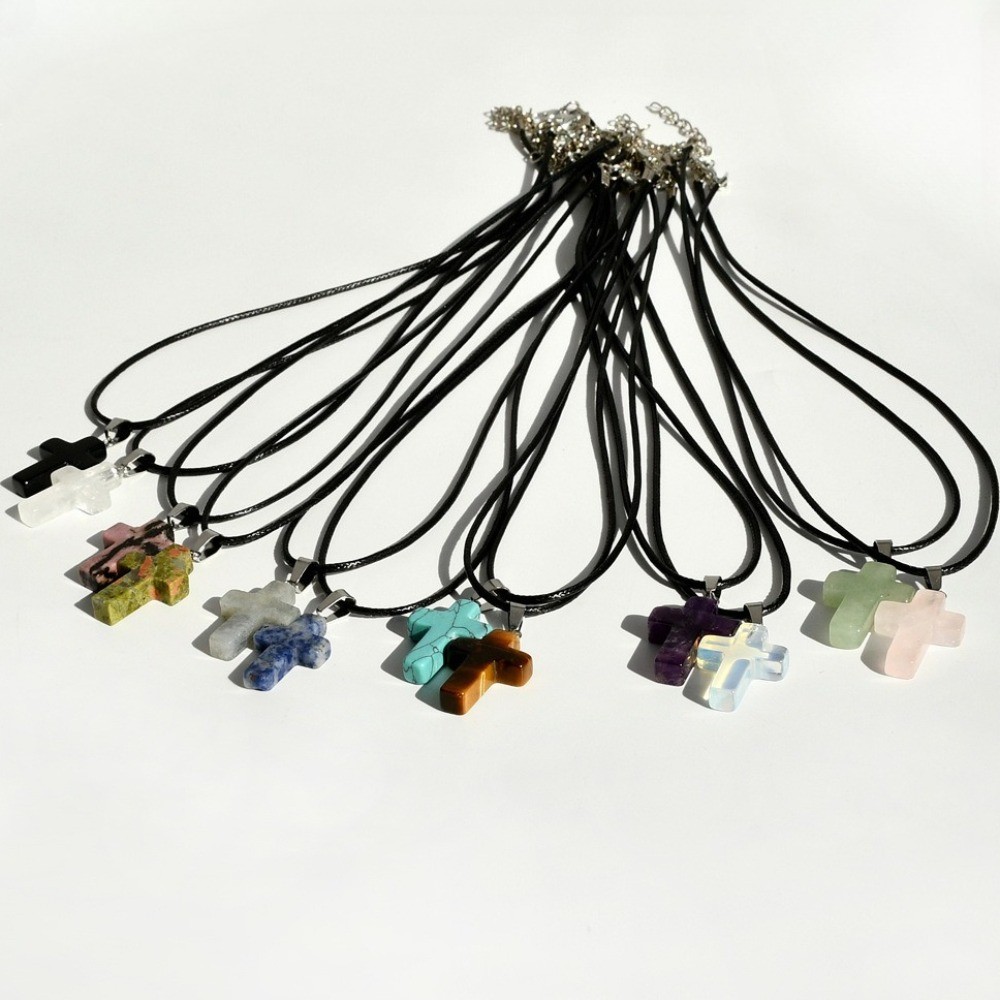 Fashion Crystal Cross Pendant Necklace Mixed Charms on Leather Rope Jewelry