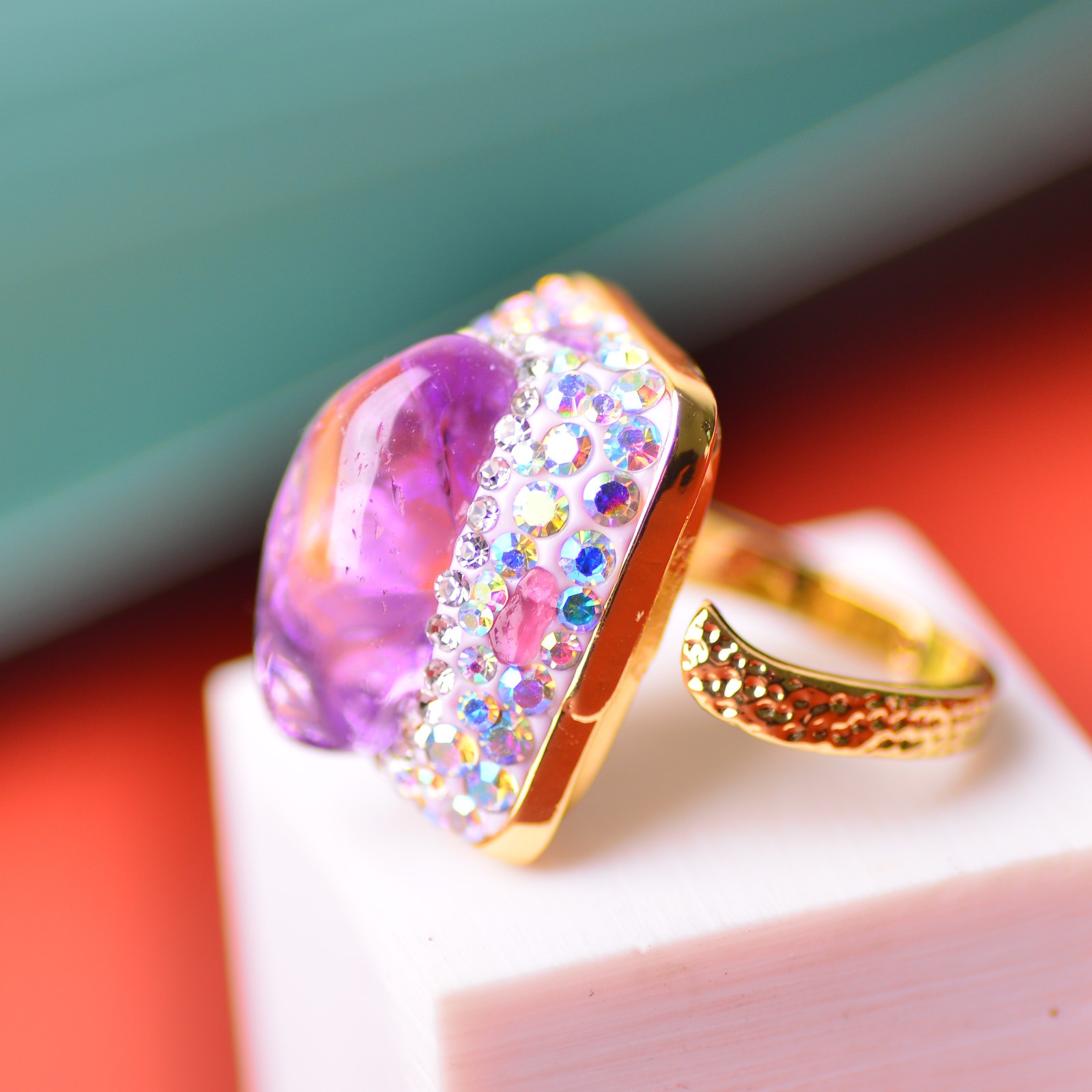 Amethyst and citrine ring, alloy inlaid with handmade gemstone Energy Crystal