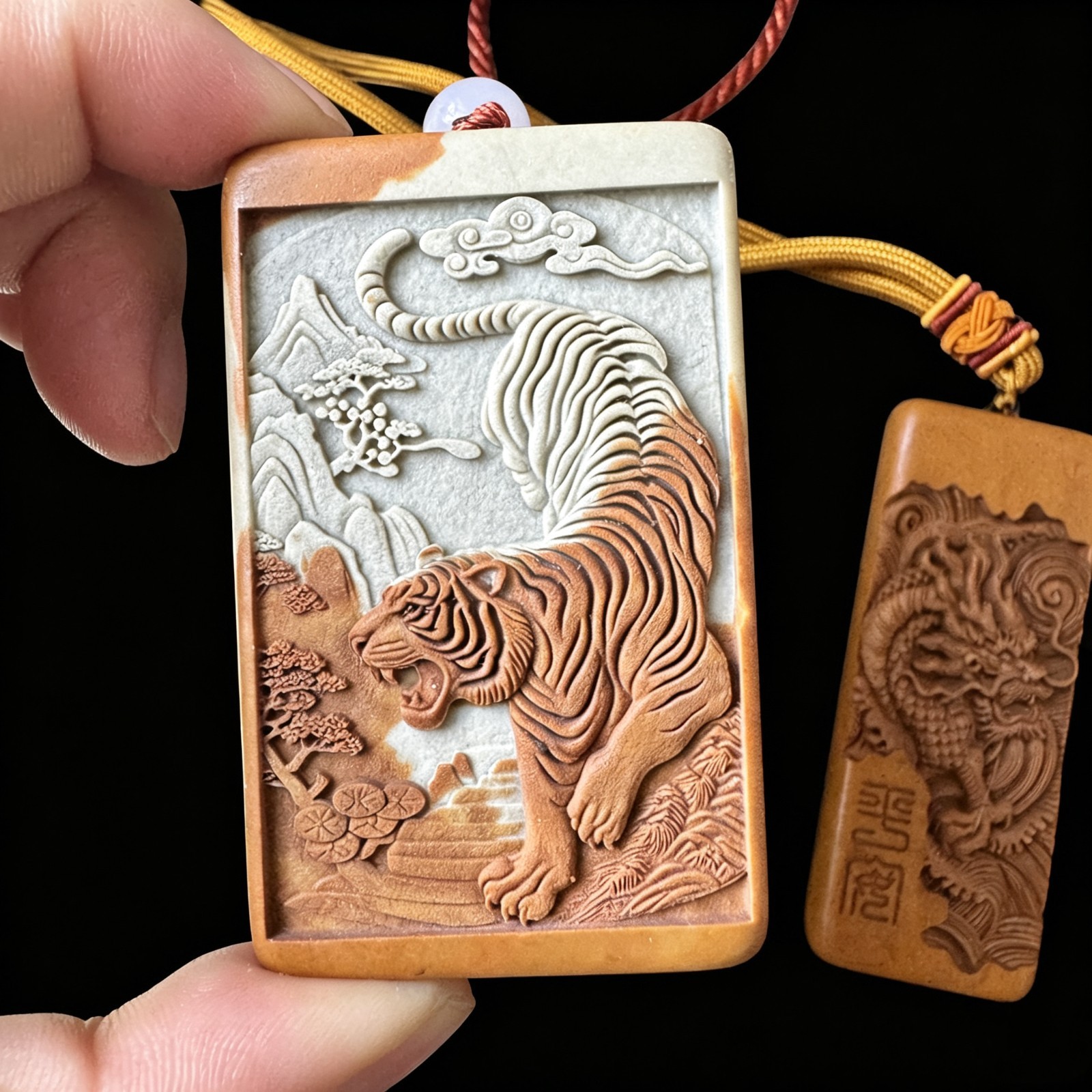 Natural Songhua Stone Double Sided Dragon Tiger Pendant Fine Carved Worry Stone
