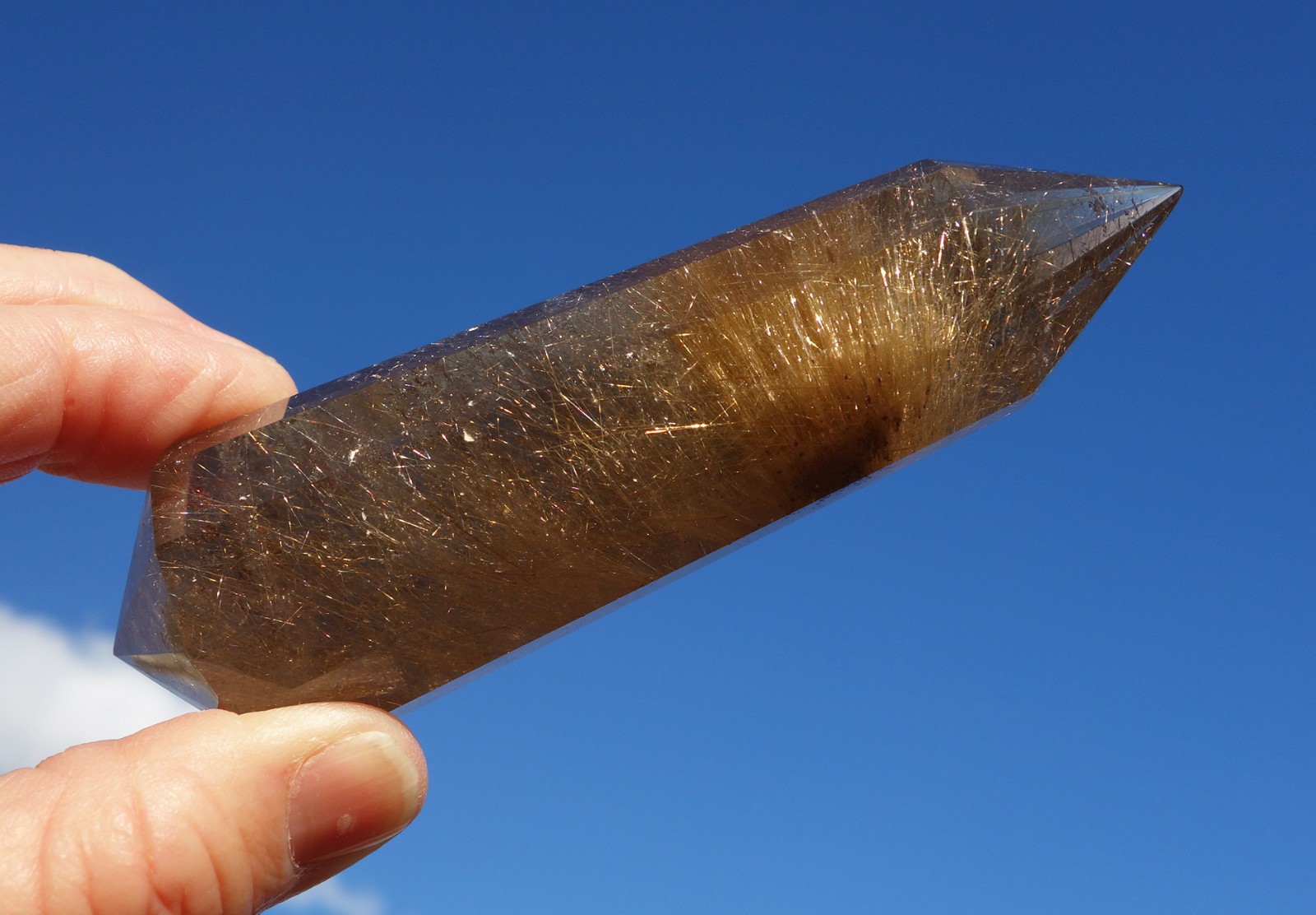 Big SMOKY CITRINE Rutile Quartz Crystal Point VOGEL Style DT Rutilated Wand A146