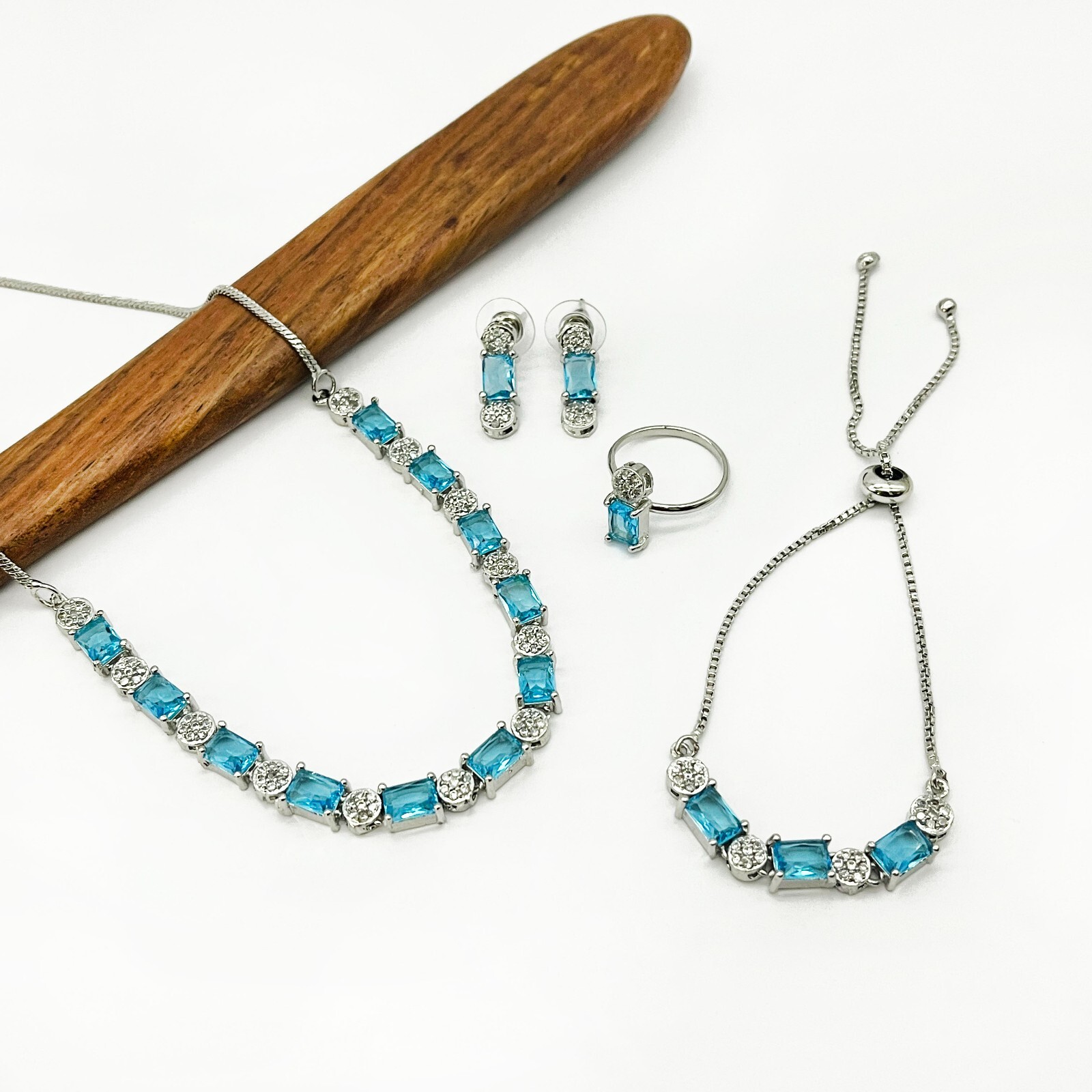 Blue Topaz Jewelry Set Silver Plated Ring Women Bracelet With Necklace Set