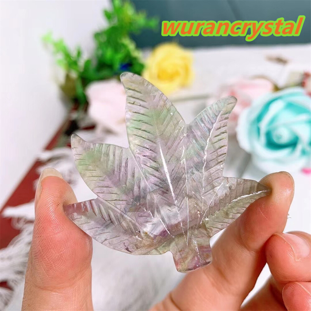 Natural fluorite Quartz Crystal maple leaf trees Carved Reiki Healing gift 1pc