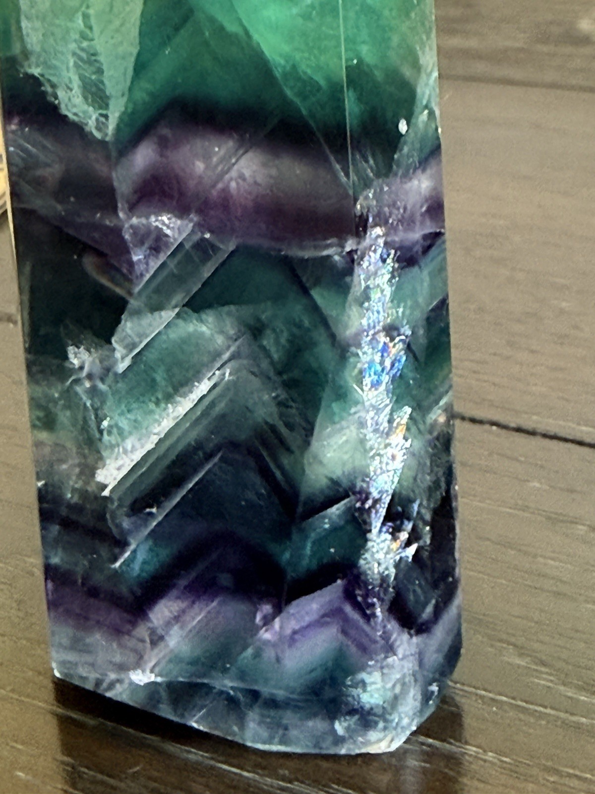 HQ Chevron Rainbow Fluorite Crystal Tower Purple Blue Green 4inch Tall Clear