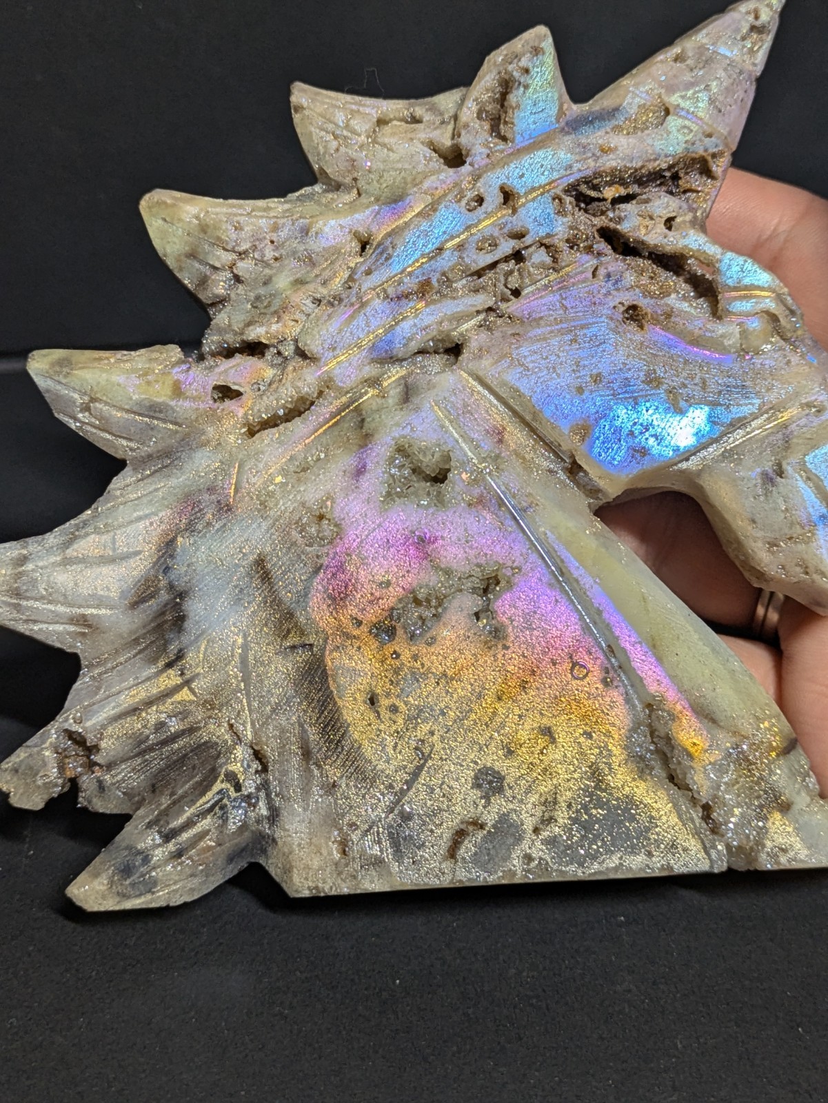 Aura Sphalerite Crystal Unicorn Carving Shiny Blue Purple Pink Gold With Druzies