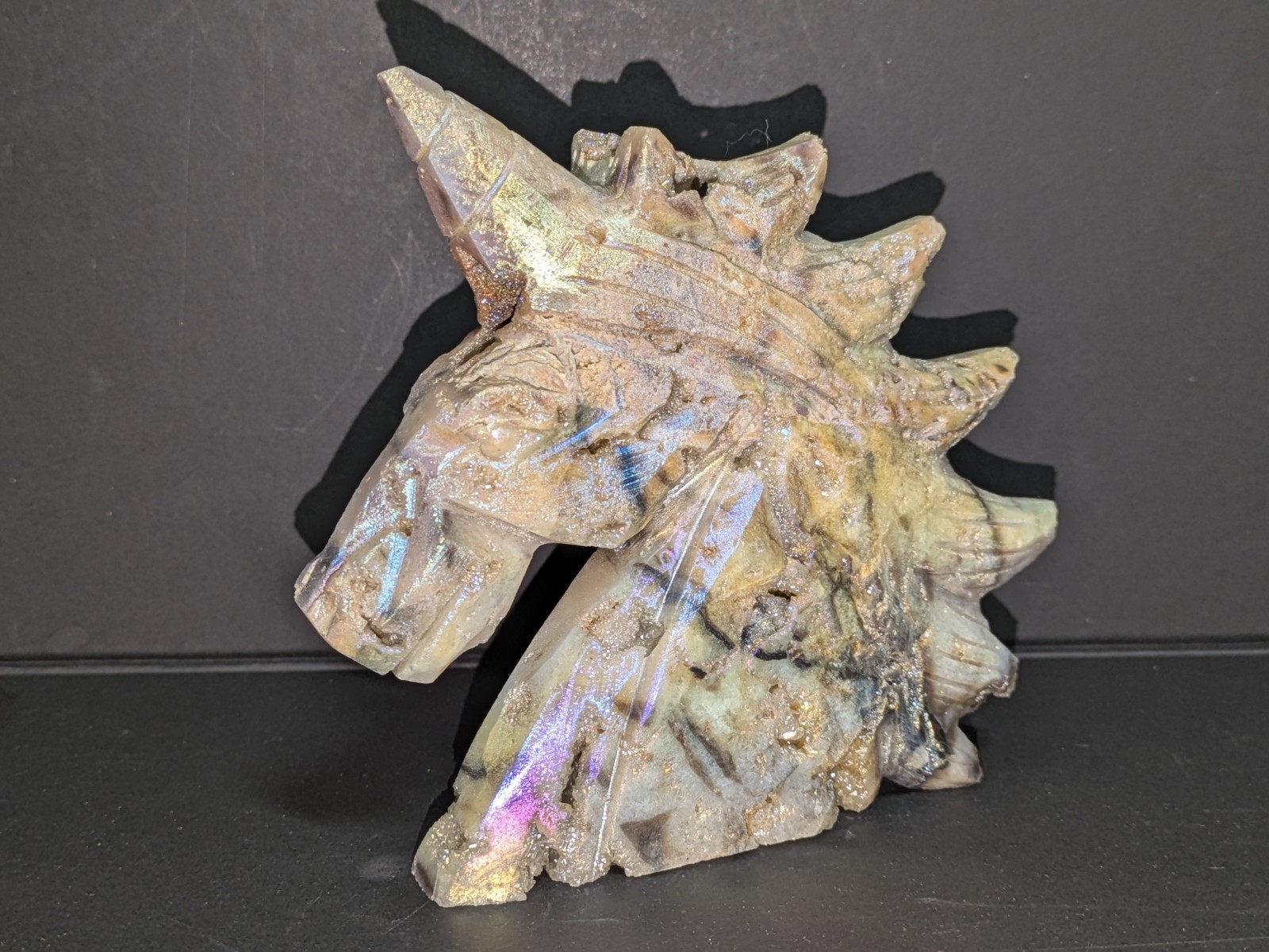 Aura Sphalerite Crystal Unicorn Carving Shiny Blue Purple Pink Gold With Druzies