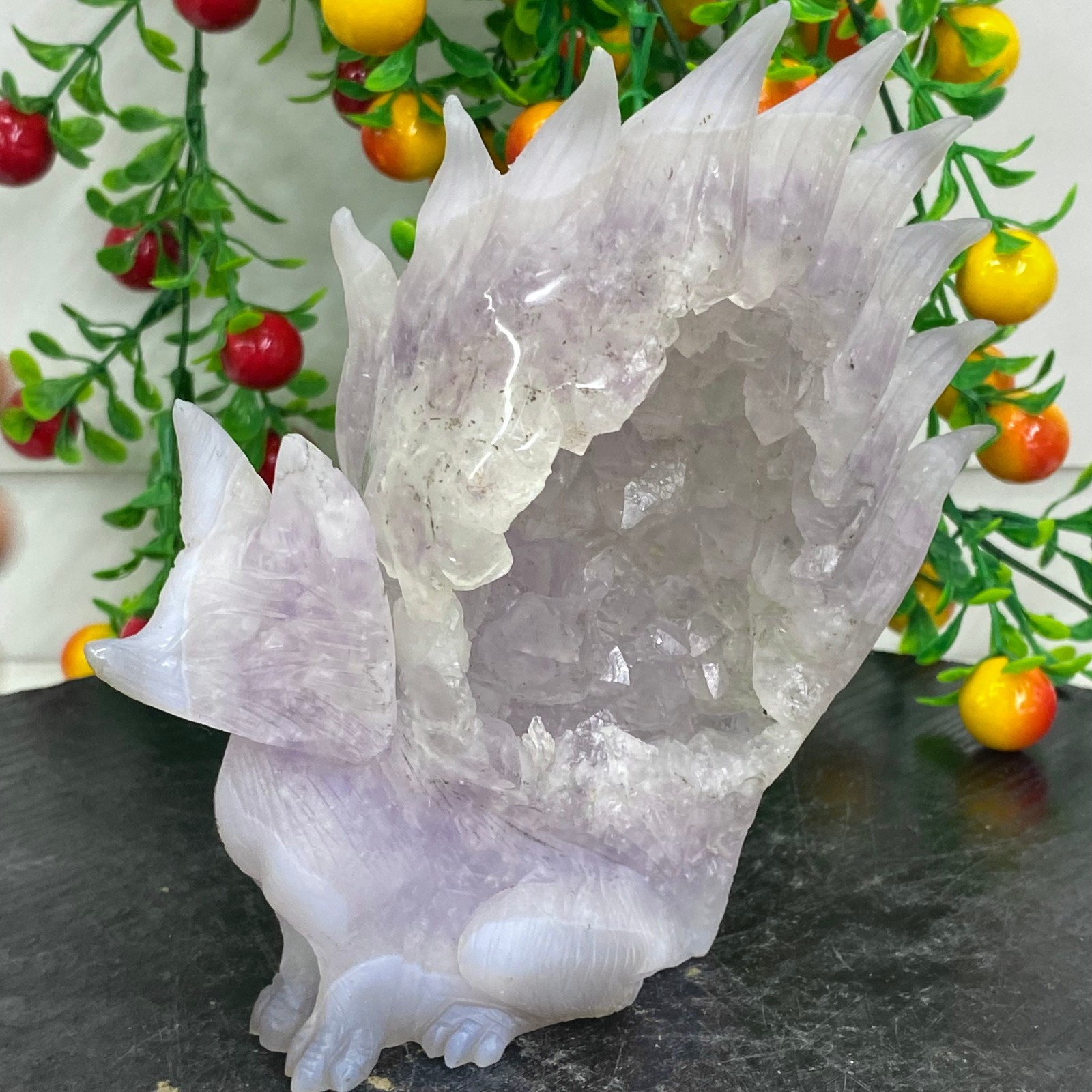 1.8LB Natural Agate Geode Hand Carved Nine-tailed Fox Quartz Crystal Decor