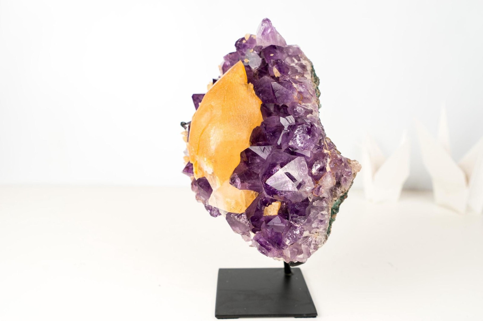 Rare Golden Yellow Calcite Specimen on Deep Purple Amethyst Cluster