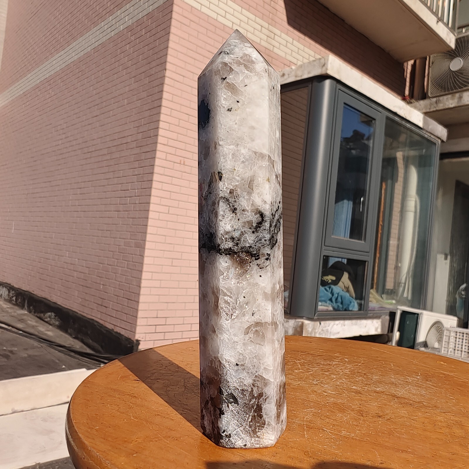 449g Large White Rainbow Moonstone Crystal Obelisk Tower Point Quartz Healing
