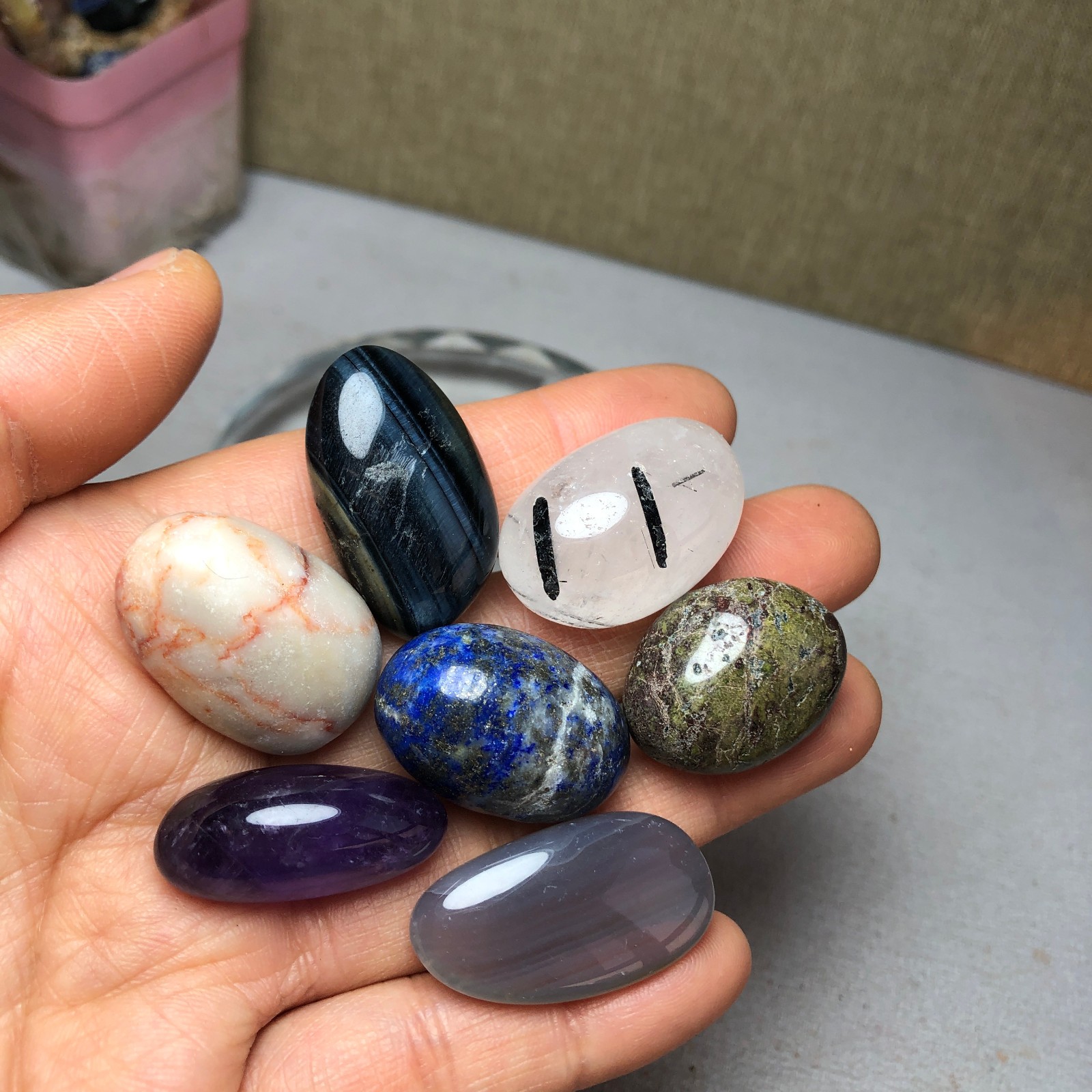 Natural various semi-precious stone Crystal Seven Star Array tumbled 308g A2817