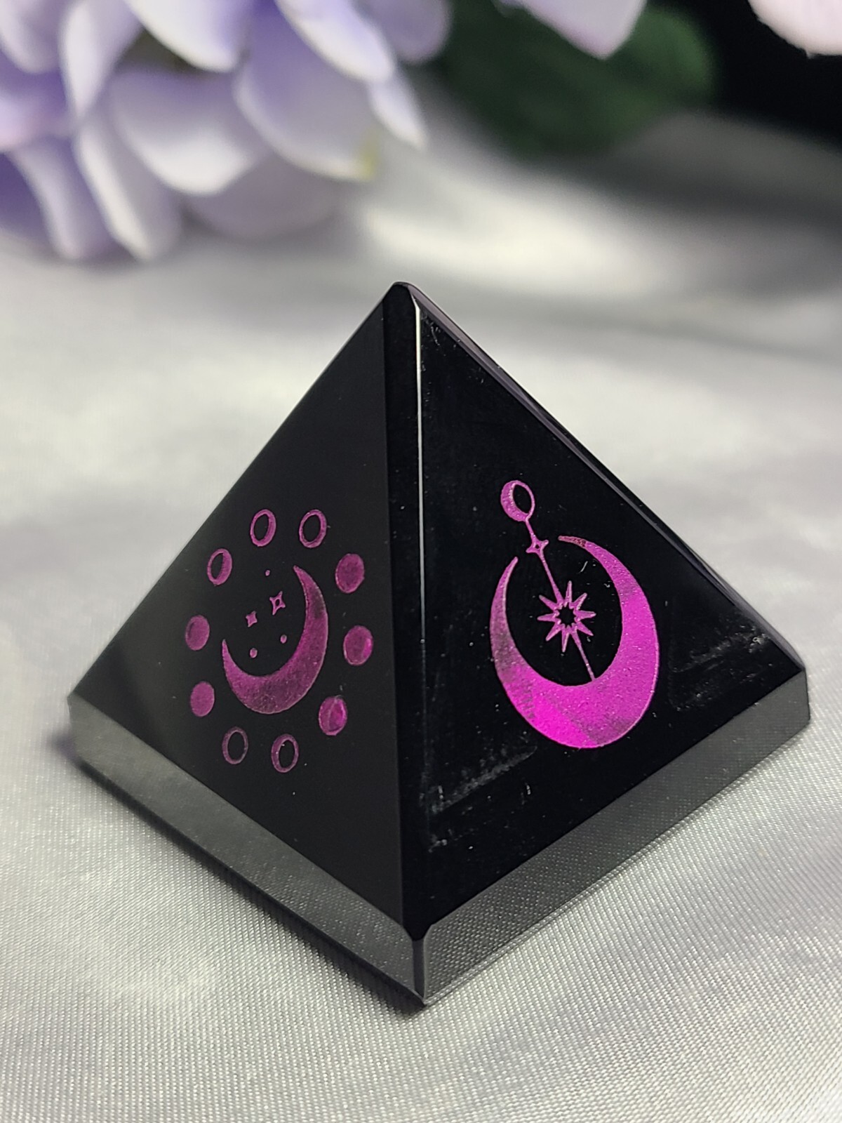 1.7″ Black Obsidian Crystal Pyramid Purple Engraved Moon & Stars Egyptian