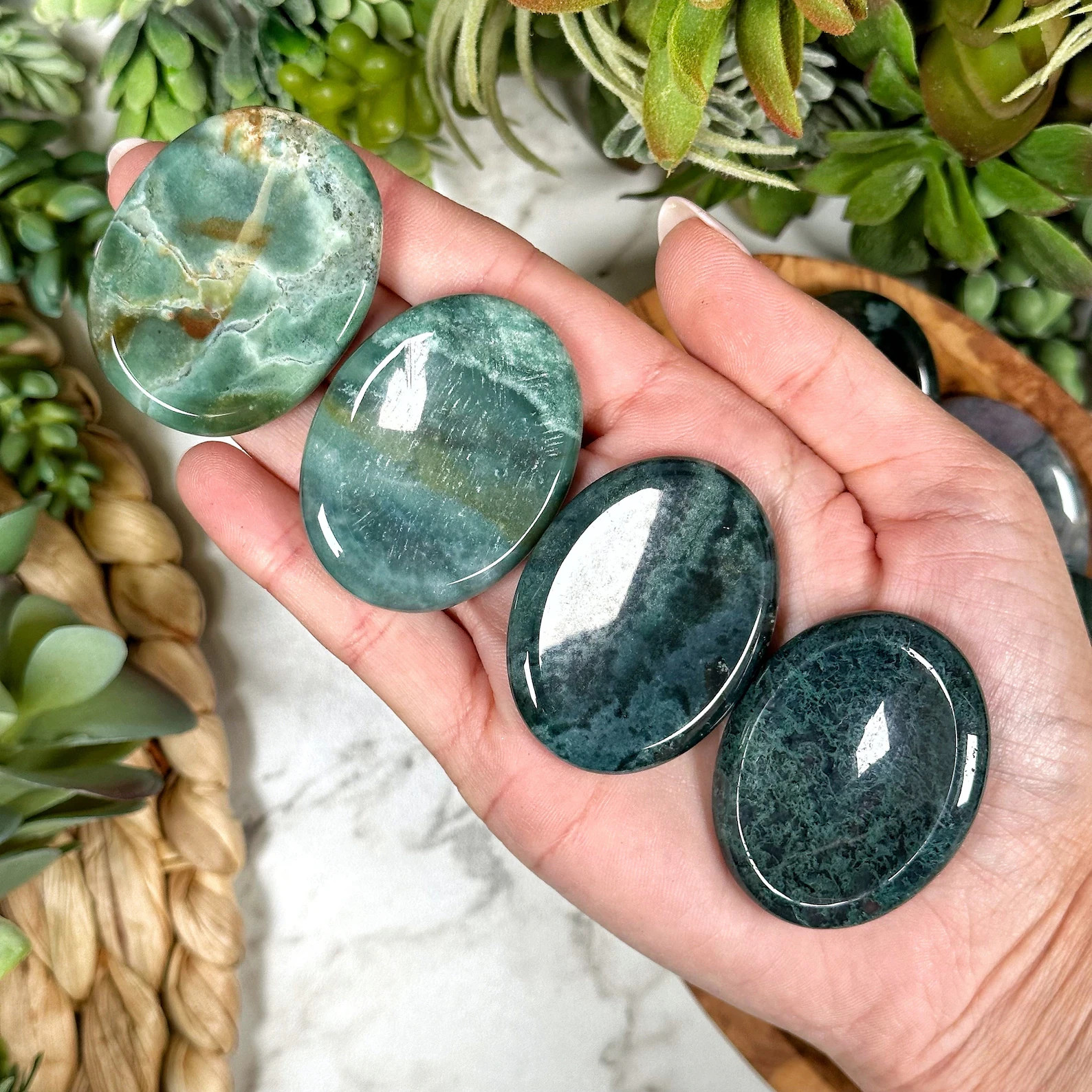 Genuine AAA Moss Agate Worry Stone Green Thumb Healing Crystal Meditation Tool