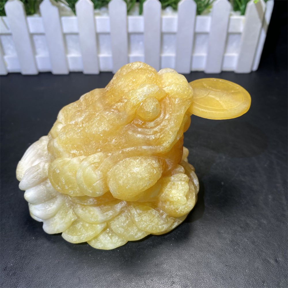 1.9LB 3.9″ Natural Calcite Golden Toad Statue Crystal Reiki Carving Quartz Decor