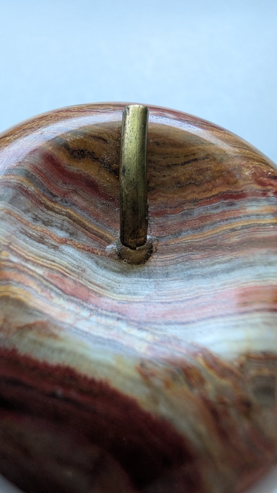 Vintage Carved Banded Onyx Marble Apple Brass Stem Paperweight MCM Teacher