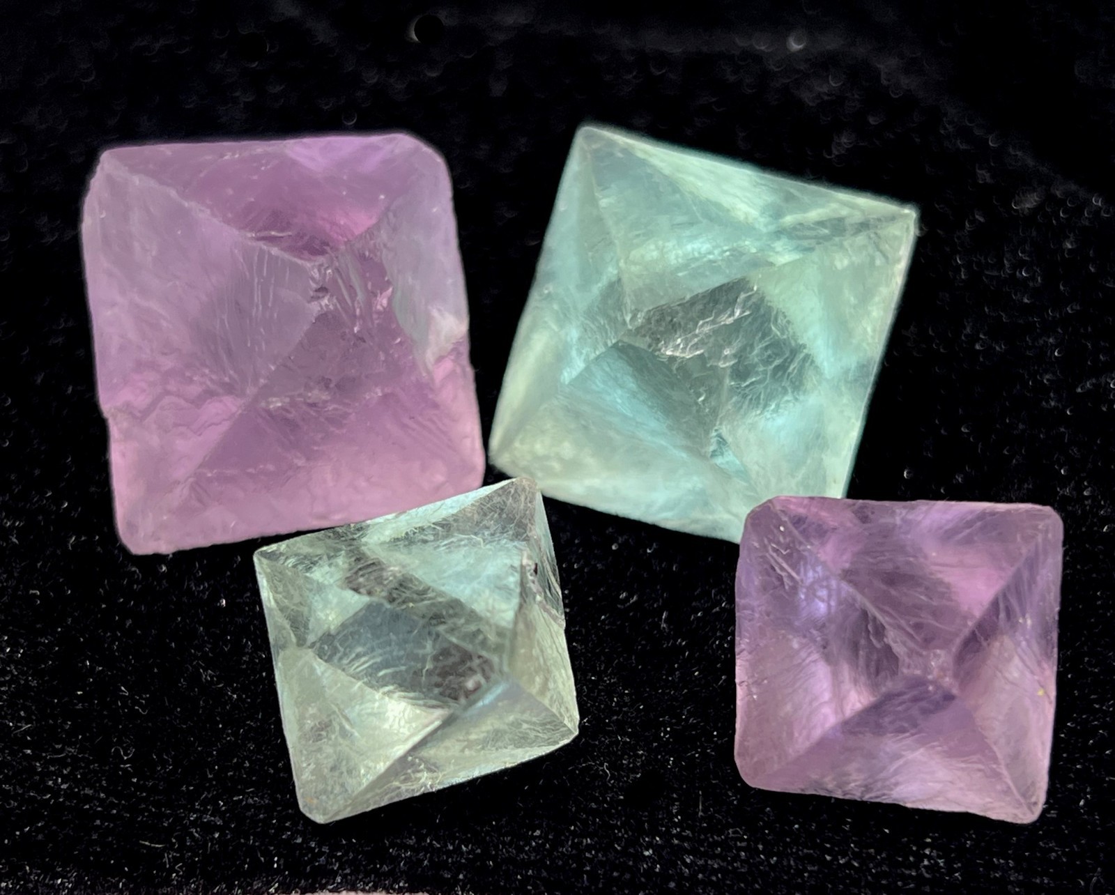 4pcs=USD28 Jelly-like Purple and Green Octahedron Fluorite from China