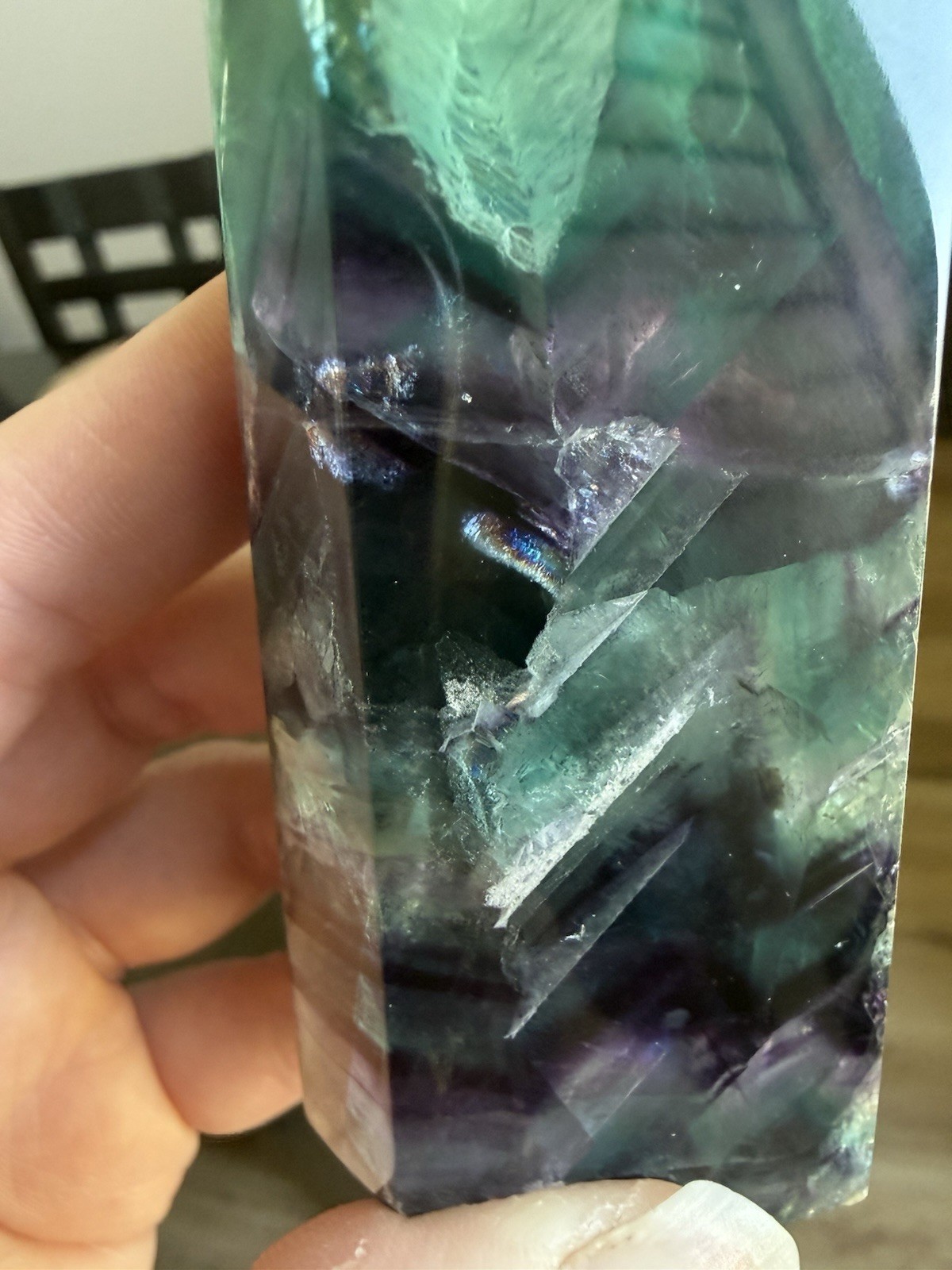 HQ Chevron Rainbow Fluorite Crystal Tower Purple Blue Green 4inch Tall Clear