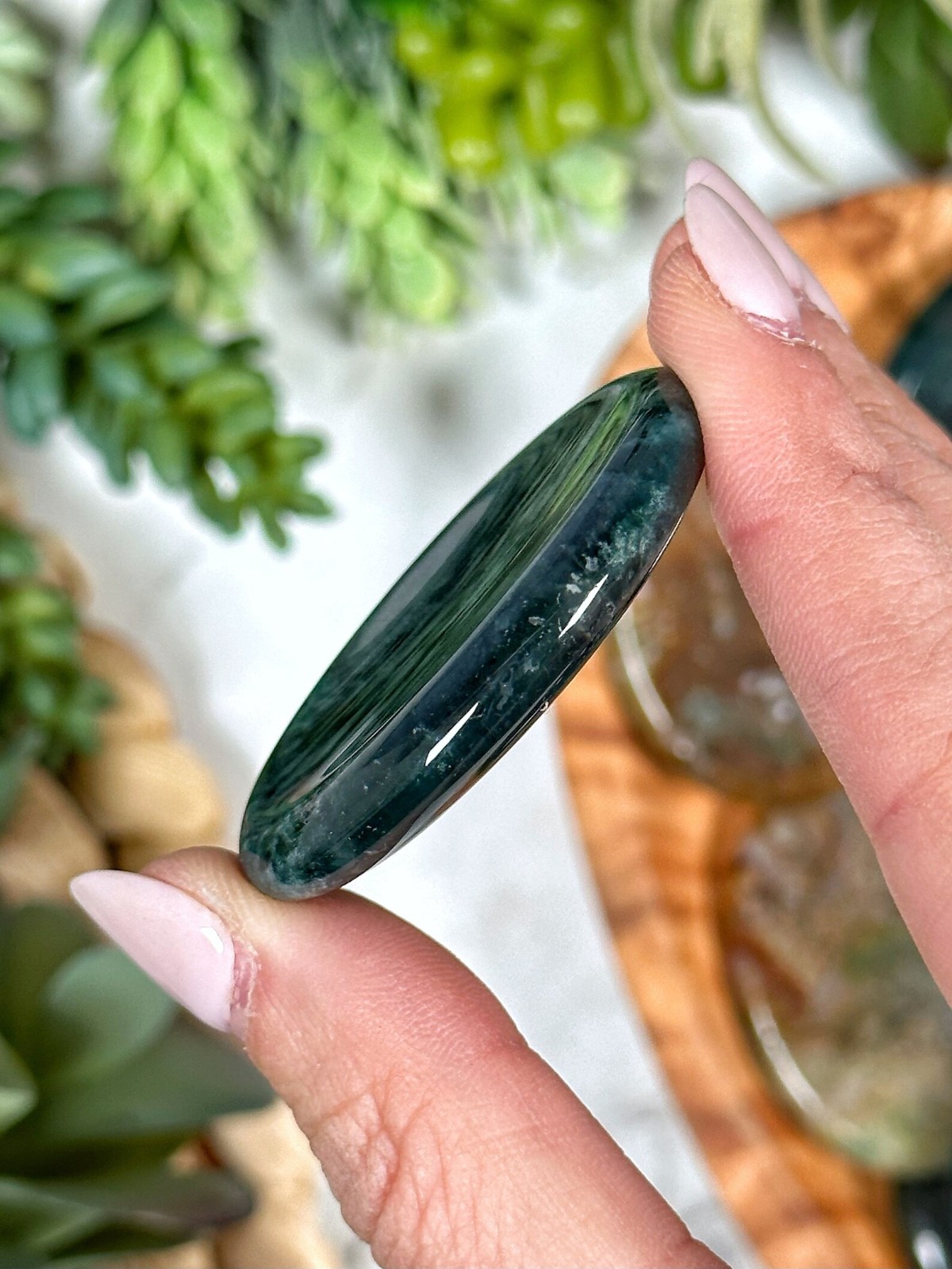 Genuine AAA Moss Agate Worry Stone Green Thumb Healing Crystal Meditation Tool