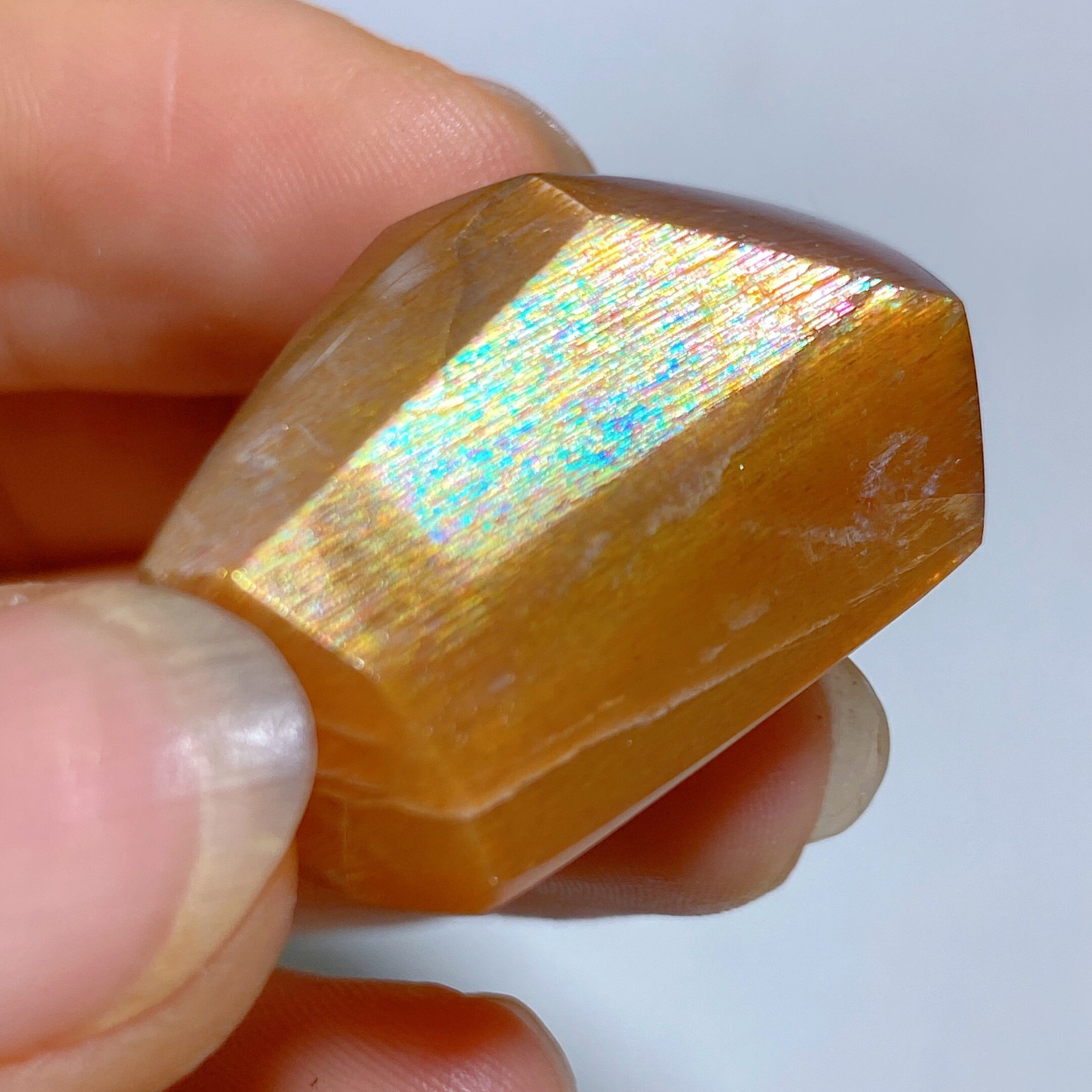 Golden Rainbow Copper Sunstone Freeform Palm Crystal Specimen